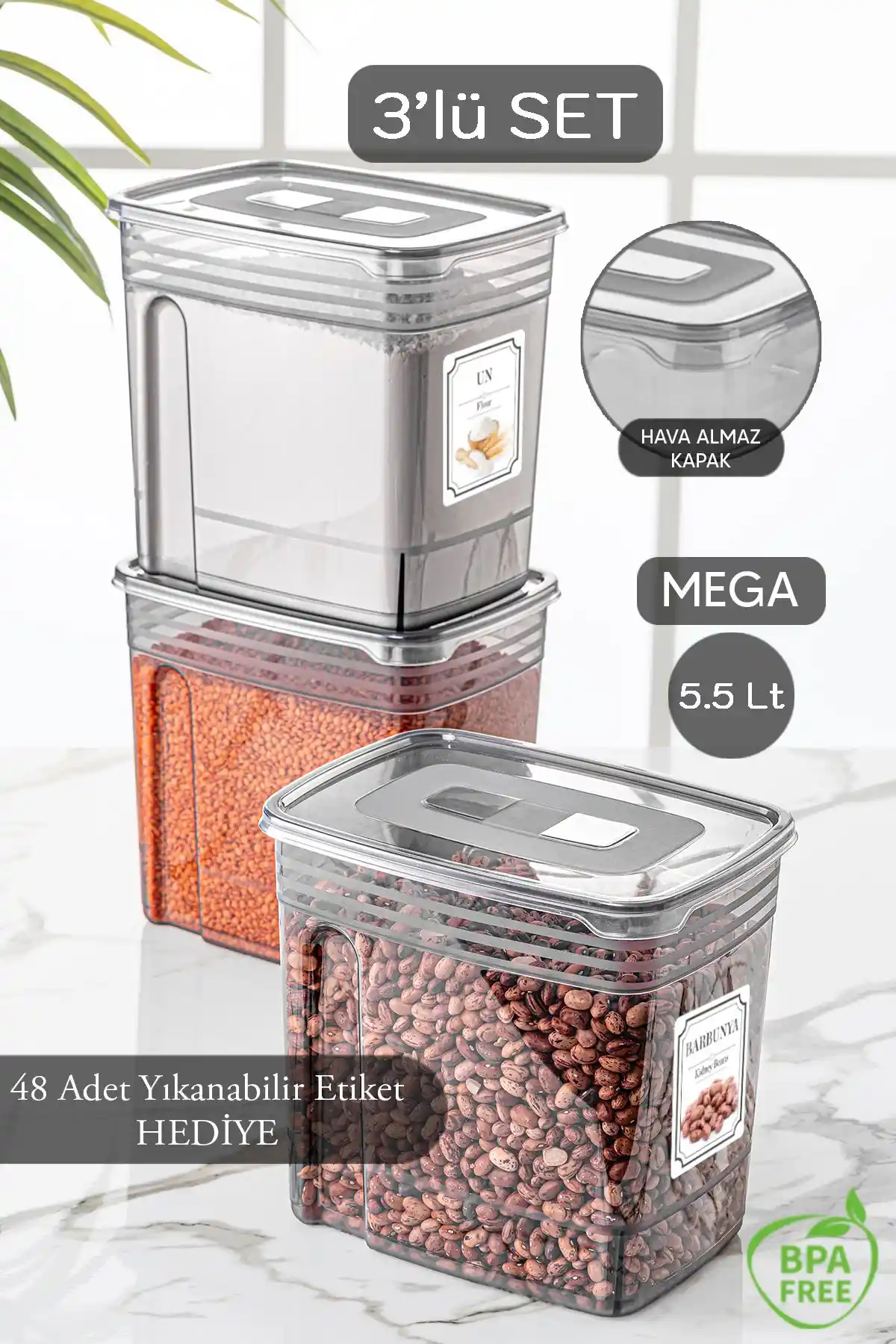 Meleni Home 3 Parça 5,5 Litre Çok Amaçlı Saklama Kabı Seti Gıda ve Depo Düzeni İçin