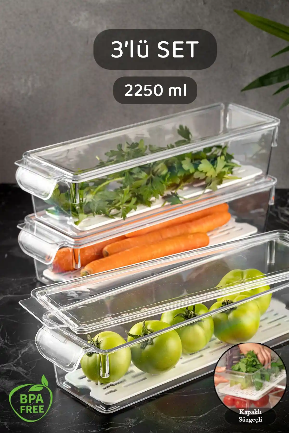 Meleni Home 3 Parçalı Süzgeçli Buzdolabı İçi Düzenleyici Modern Mutfaklar İçin Pratik Çözüm