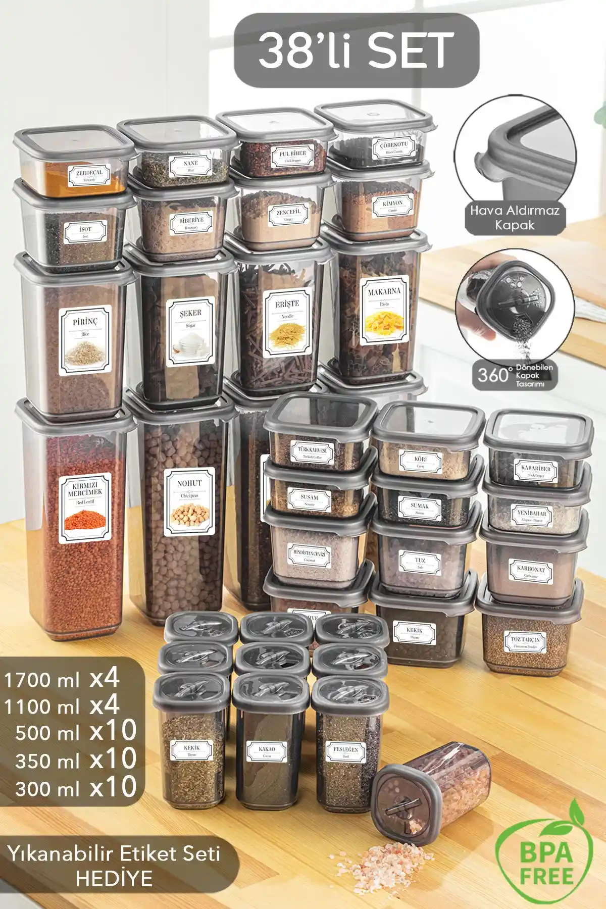 Meleni Home 38'li Kare Saklama Kabı Seti ile mutfak düzeninizi kolayca sağlayın