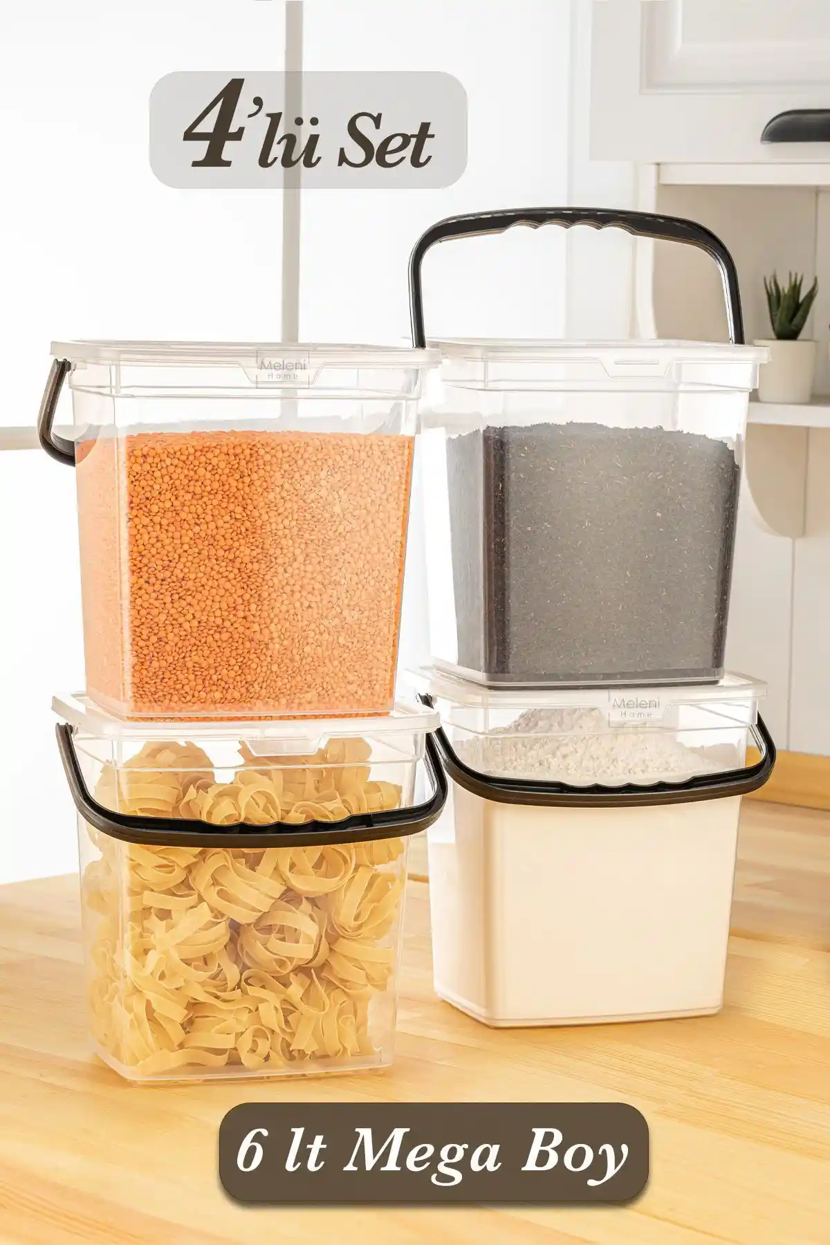 Meleni Home 4'lü Un ve Bakliyat Kabı Seti 6 Litre, Dayanıklı ve Çok Amaçlı Saklama Çözümü
