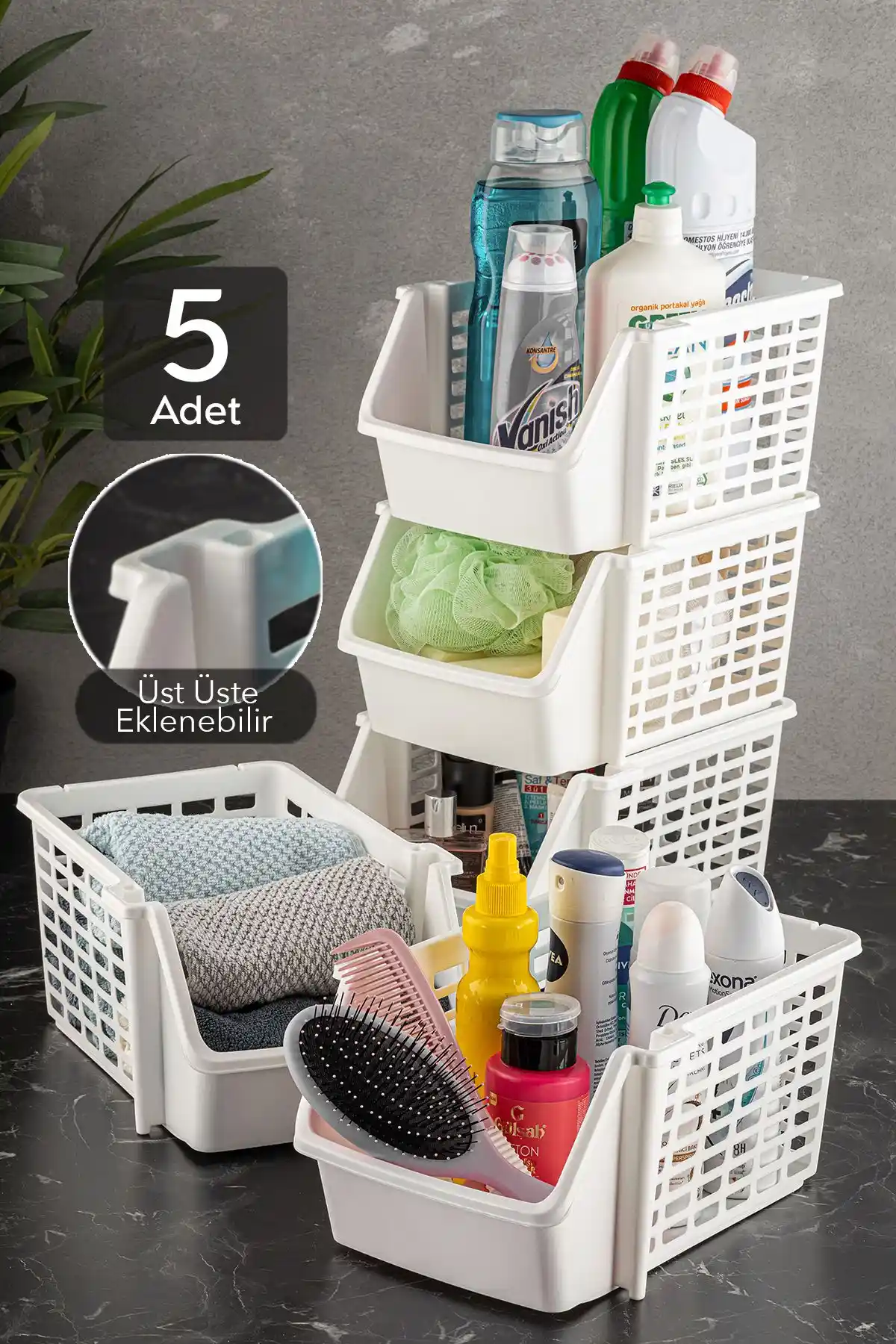 Meleni Home 5'li Çok Amaçlı Üst Üste Raf Seti Ev ve Ofis Düzenleme Çözümü