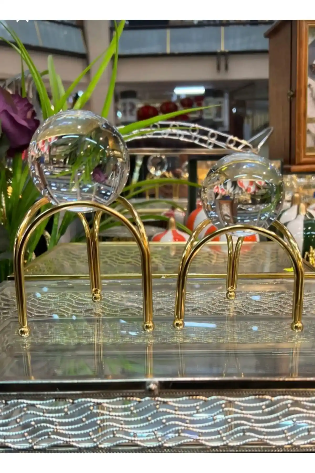 METALAY 2 Li Kristal Küre 3 Ayak Gold Renk Modern ve Şık Dekoratif Aksesuar