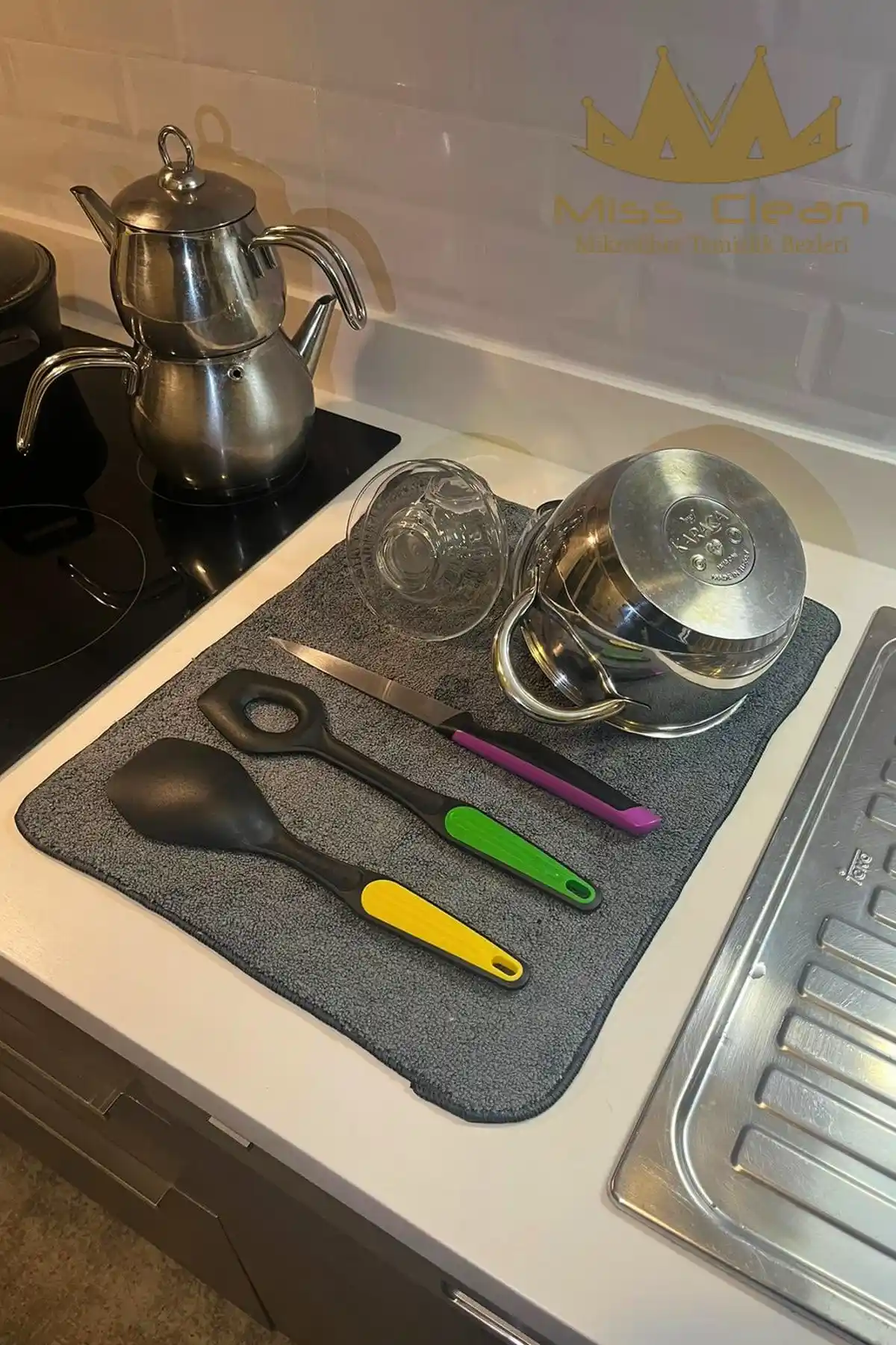 MissClean Mikrofiber Bulaşık Kurulama Matı Bambu Malzemesiyle Pratik ve Çevre Dostu Kullanım