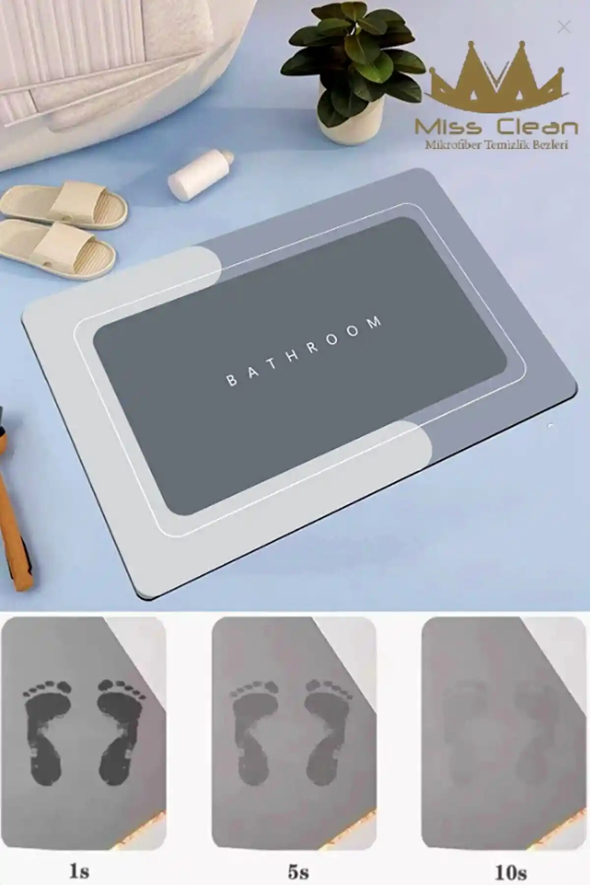 MissClean Modern ve Fonksiyonel Banyo Paspası Gri 40x60 cm Kaymaz ve Emici Özellikli