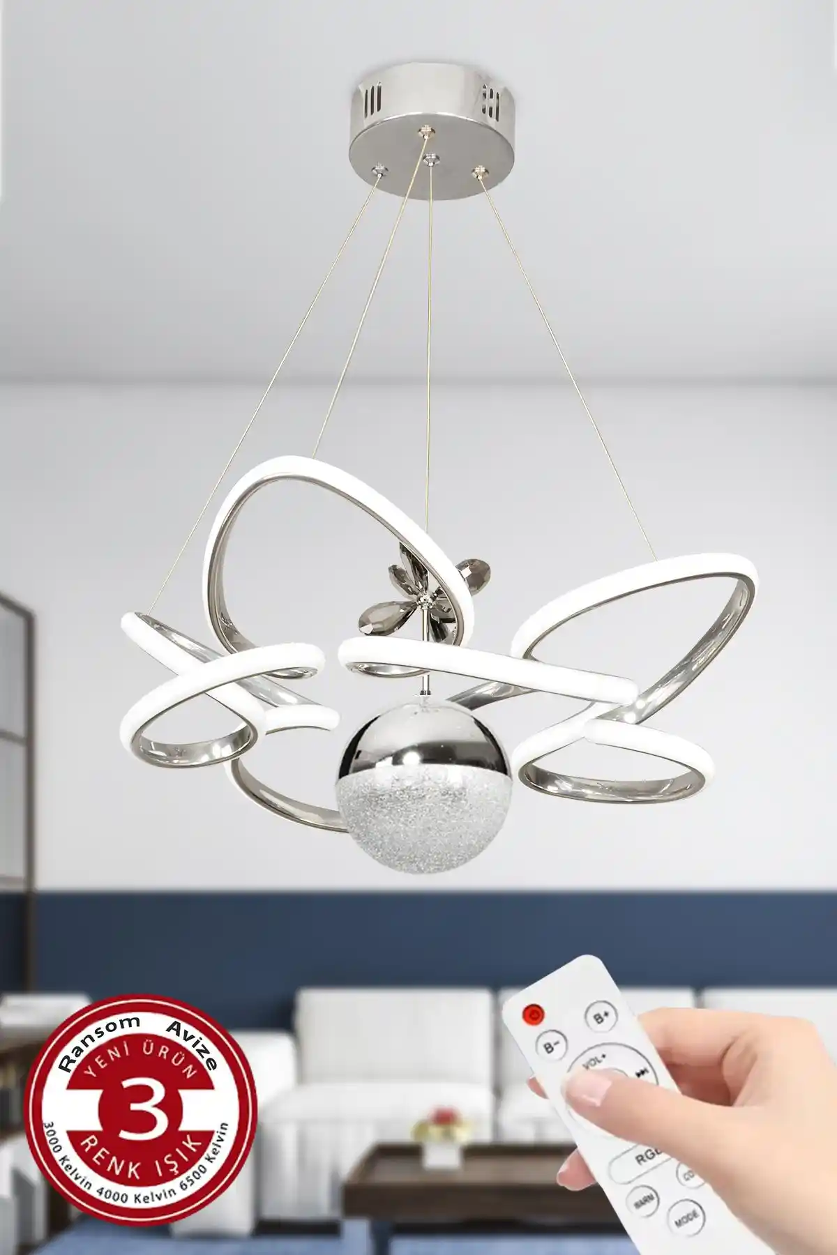 Modern 3 Renk Kumandalı Krom Gümüş Büyük Boy Salon Avize Özellikleri ve Kullanım Alanları