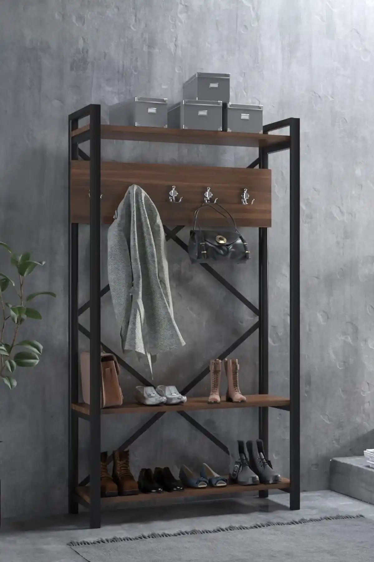 Modern Ceviz Renkli Vestiyer Portmanto ile Evinize Şıklık ve Düzen Katın