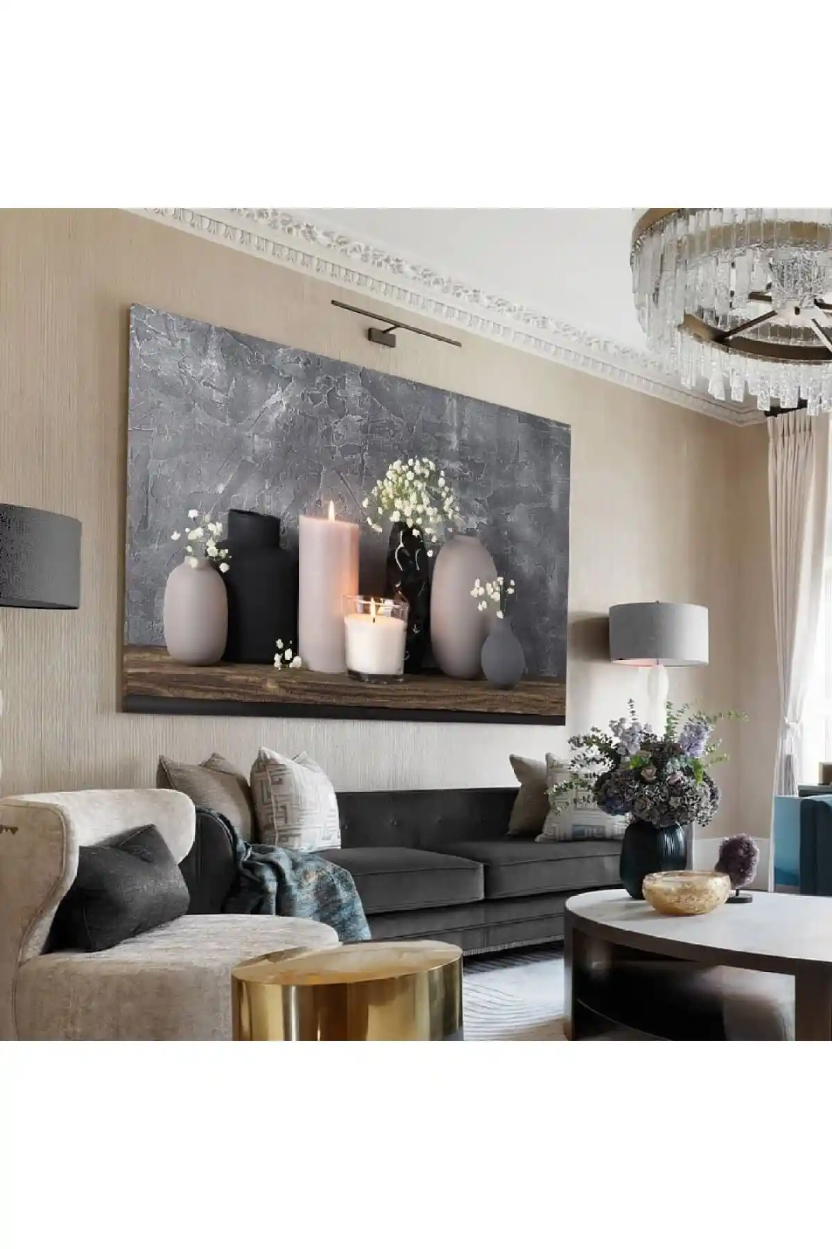 Modern Kanvas Duvar Tabloları Karşılaştırması Antrasit Gri Mum ve Siyah Çiçekler