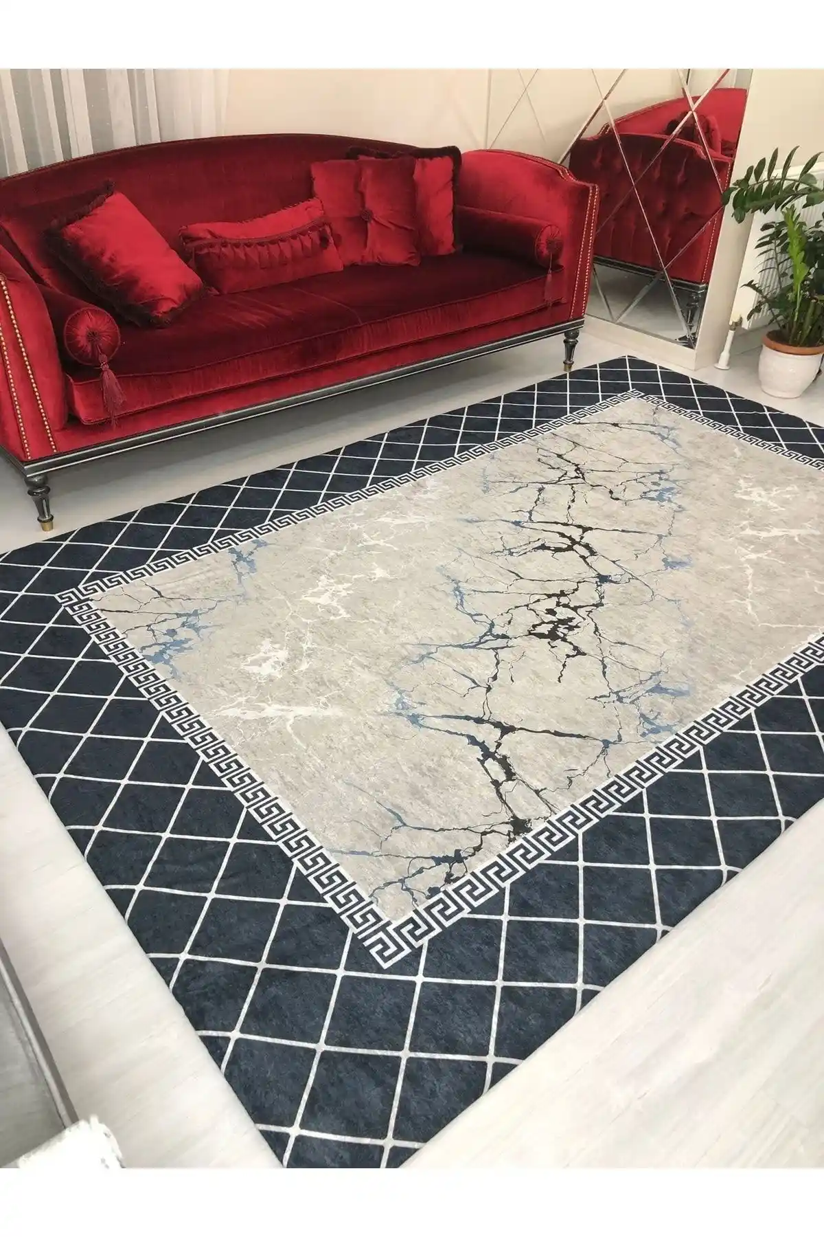 Modern Lacivert Piramit Model Lastikli Kadife Halı Örtüsü Dekorasyon ve Koruma İçin Uygun