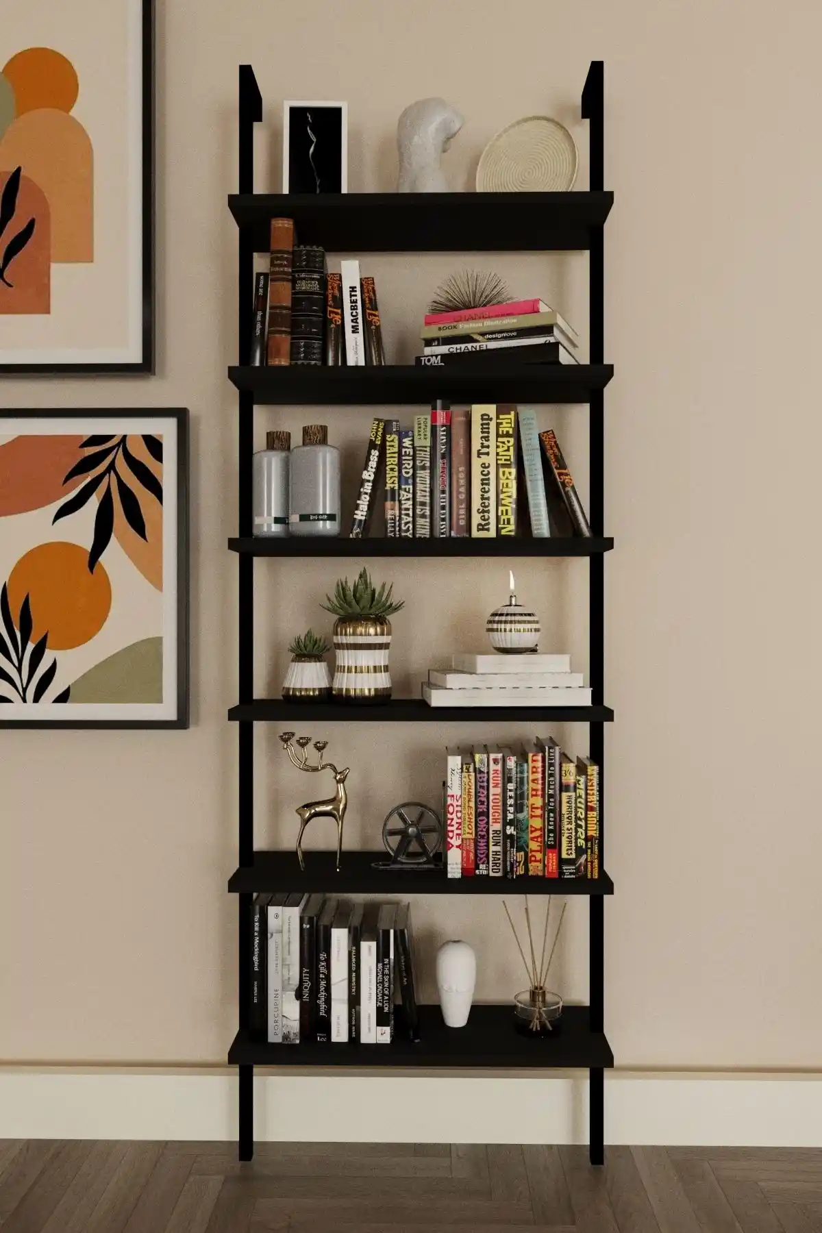 Modern Siyah Duvara Monte Kitaplık 6 Katlı Şık ve Fonksiyonel Tasarım