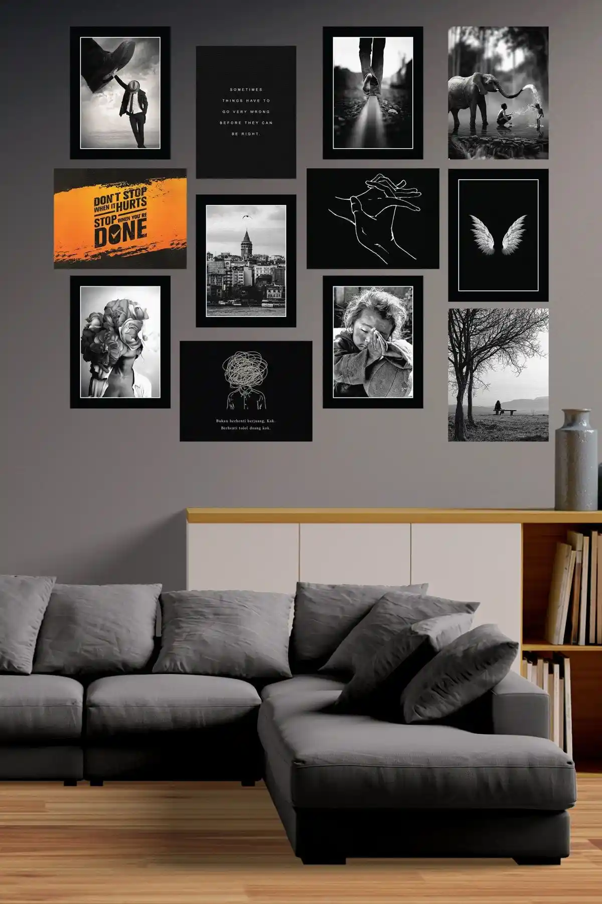 Modern Stil Dekorasyon İçin 12 Parçalı MDF Tablo Seti Çeşitli Boyutlarda Siyah Renkli