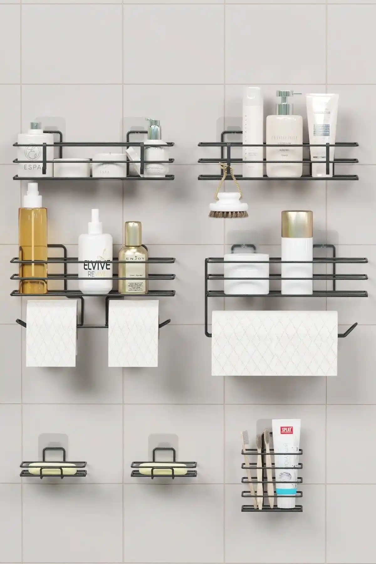 Modern ve Dayanıklı 7 Parçalı Yapışkanlı Banyo Seti - Estetik ve Pratik Tasarım