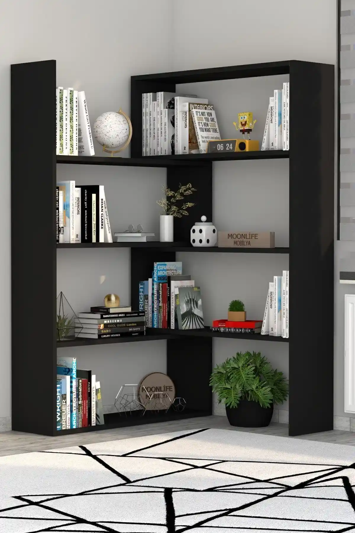 Moonlife Siyah Pisagor Kitaplık Modern Tasarım ve Fonksiyonellik Özellikleri