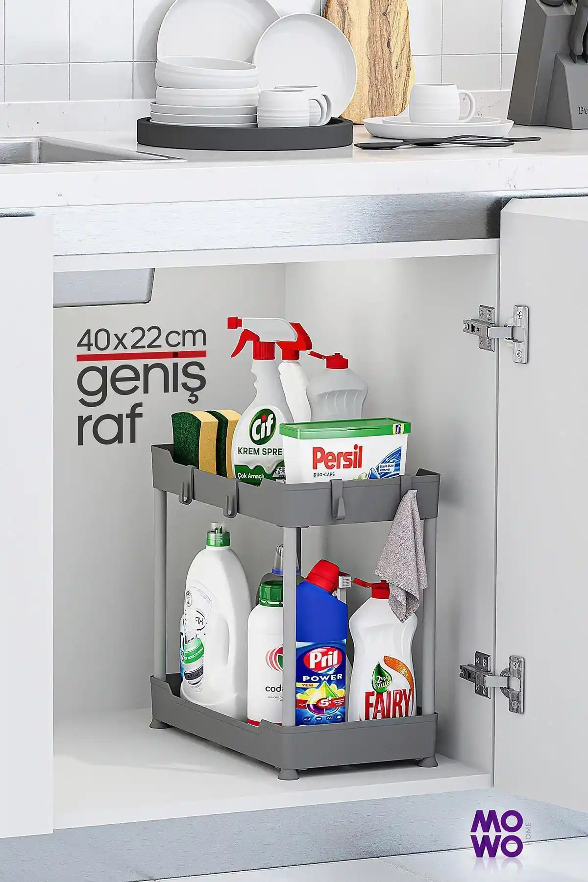 Mowo Home 2 Katlı Düzenleyici Gri Renkli Mutfak ve Banyo Organizasyonu Çözümü
