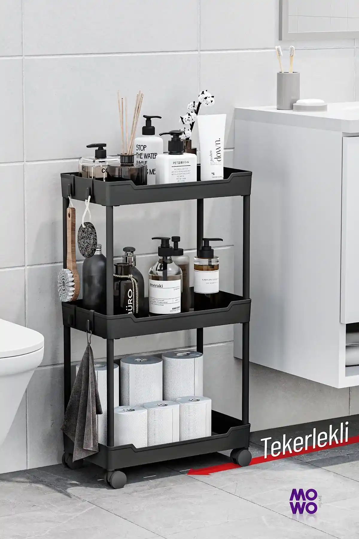 Mowo Home 3 Katlı Siyah Tekerlekli ve Tekerleksiz Depolama Raf Sistemi Özellikleri