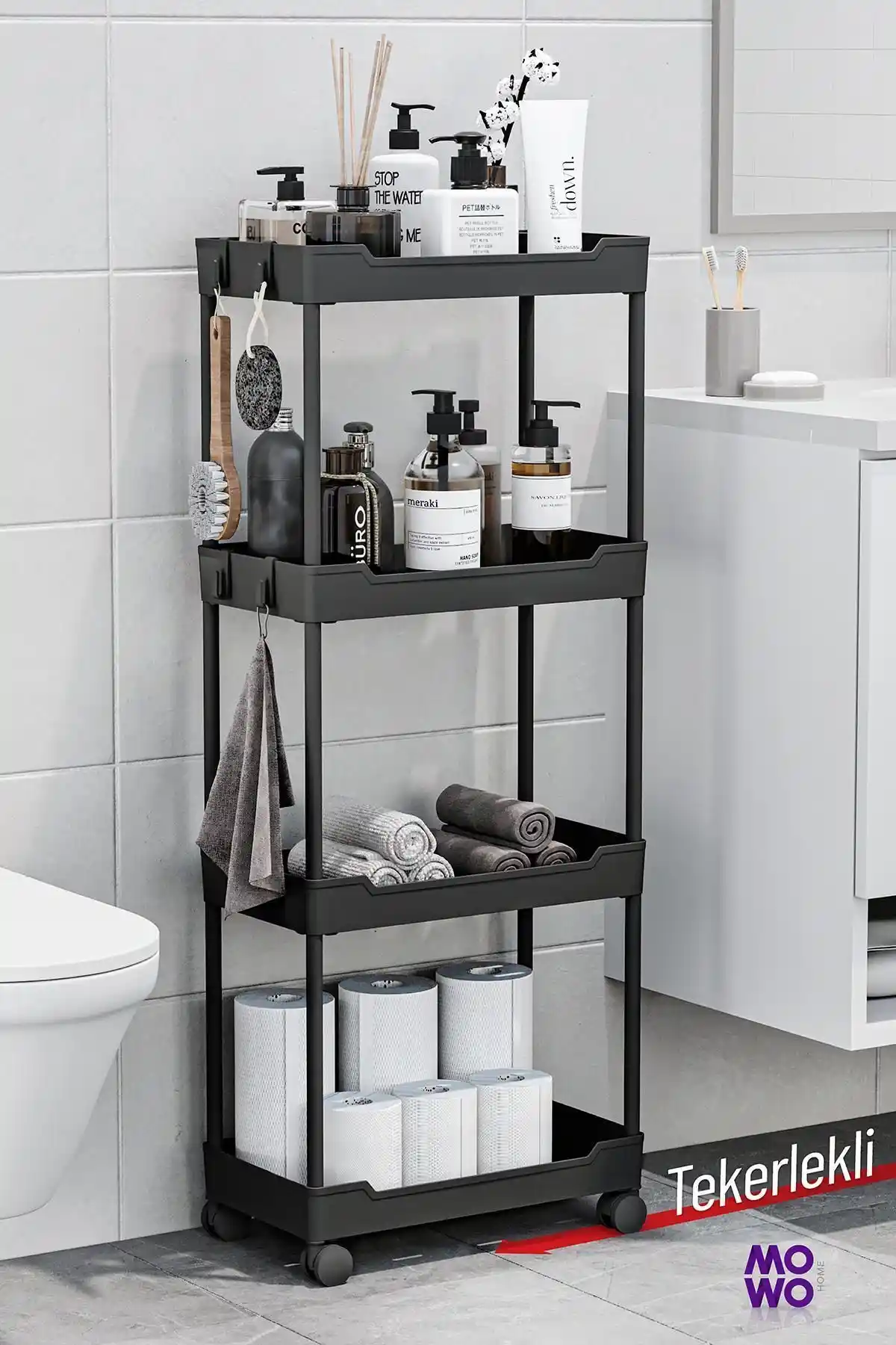 Mowo Home 4 Katlı Siyah Tekerlekli Organizer: Çok Yönlü ve Modern Depolama Çözümü