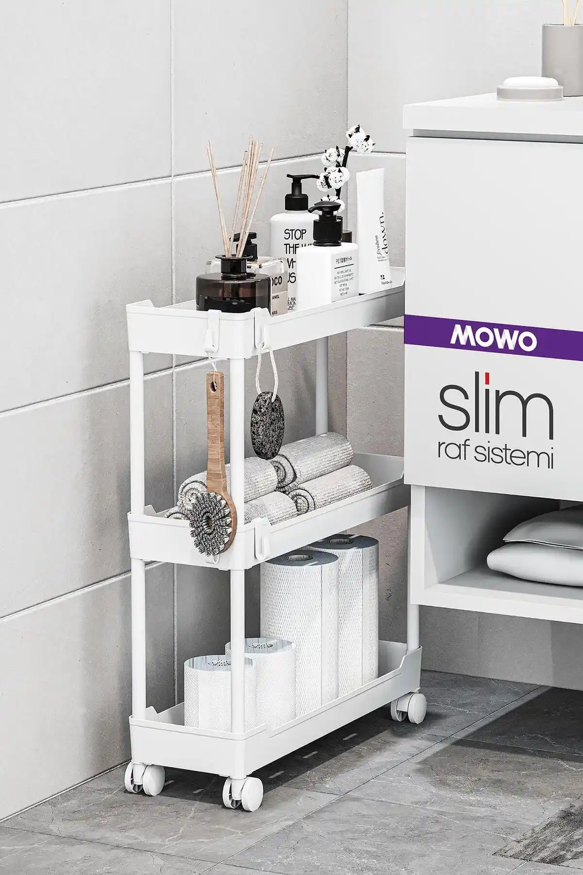 Mowo Home Slim 3 Katlı Tekerlekli Raf Ünitesi Dar Alanlar İçin Modern Depolama Çözümü