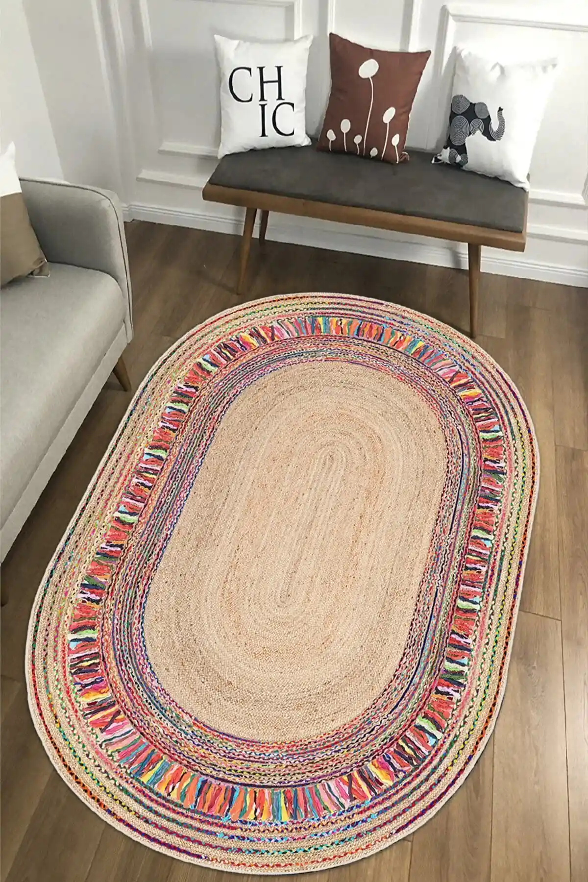 MUA HOME DECOR Oval Hasır Desen Dijital Baskı Yıkanabilir Kaymaz Taban Salon Mutfak Balkon Halısı