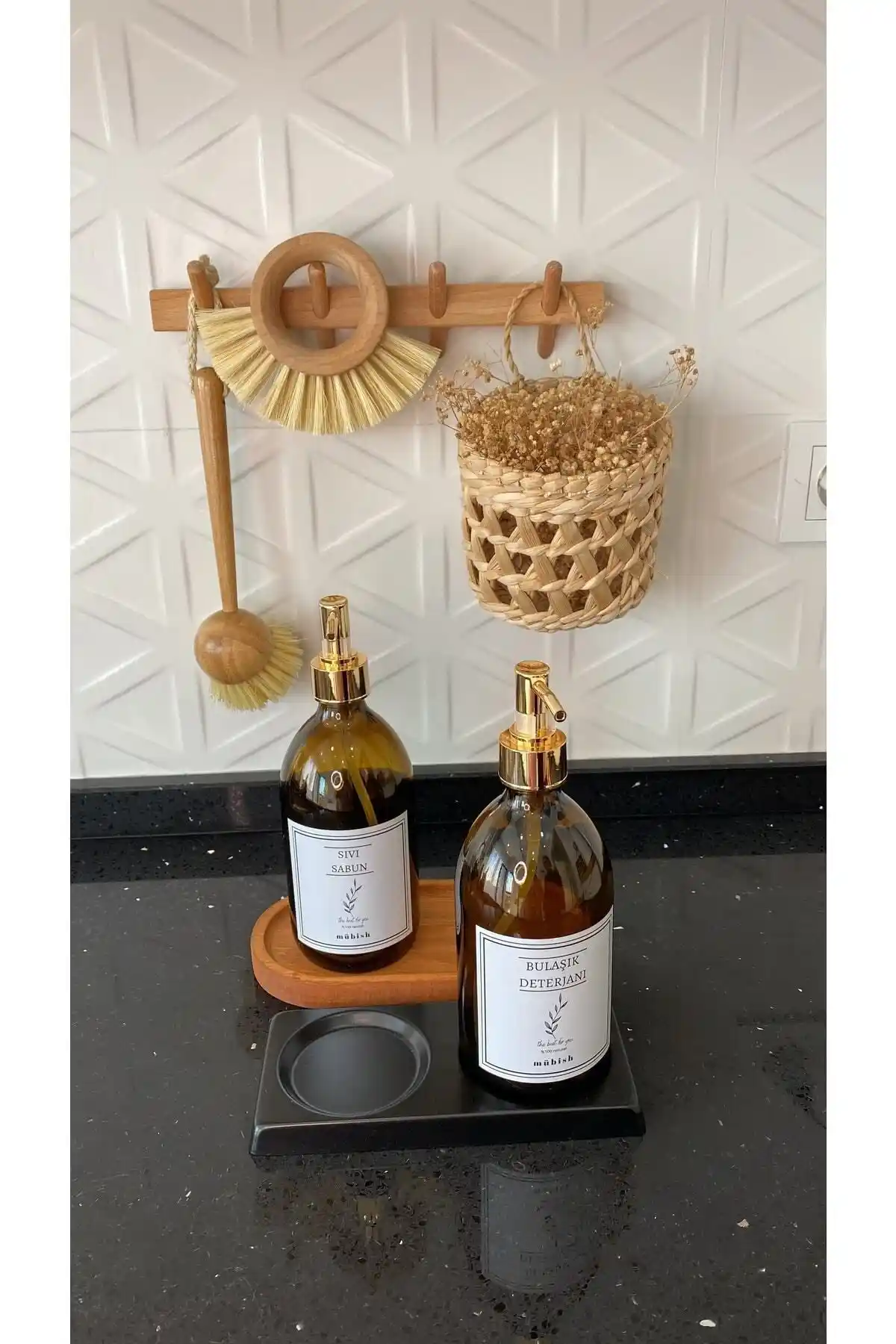 Mübish Amber 2'li Gold Kapaklı Cam Sabun ve Bulaşık Deterjanı Seti Şık ve Dayanıklı Tasarım