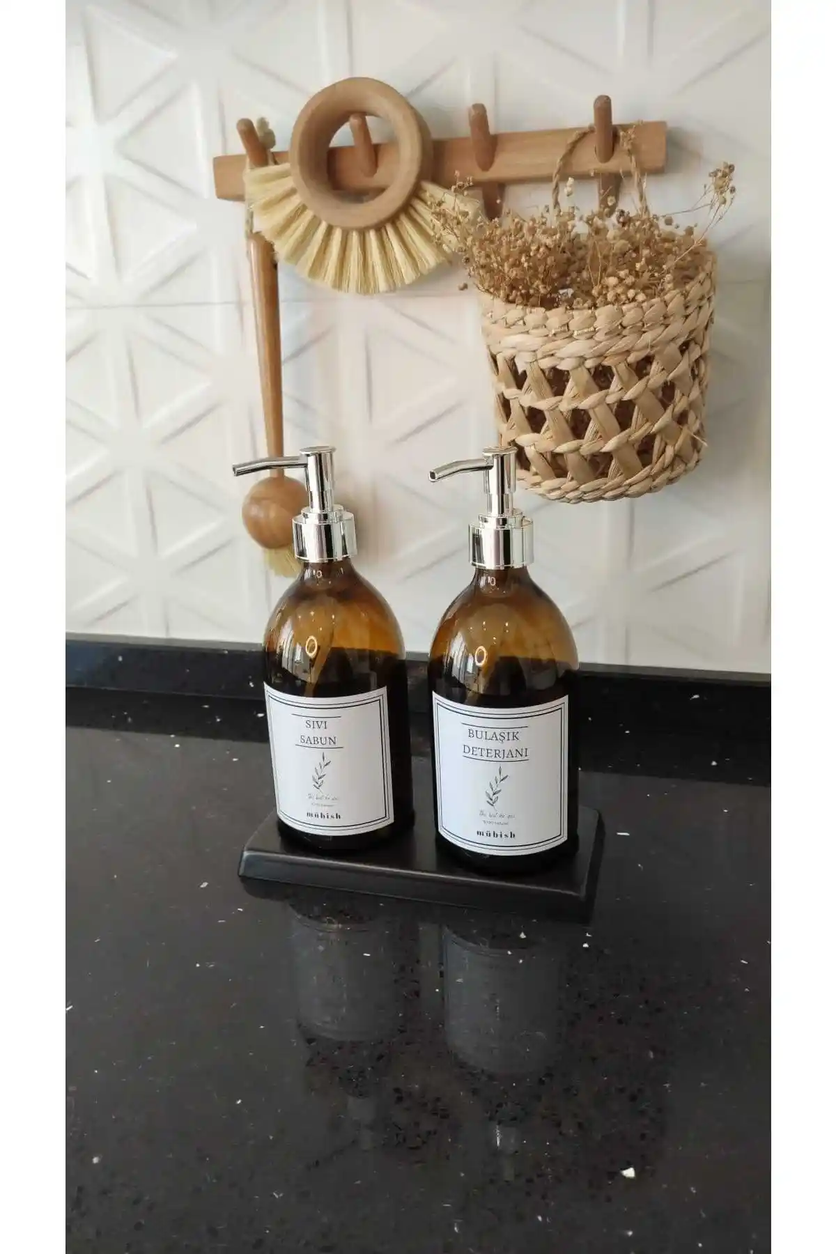 Mübish Amber Siyah Cam Sıvı Sabun ve Bulaşık Deterjanı Seti Modern Tasarım