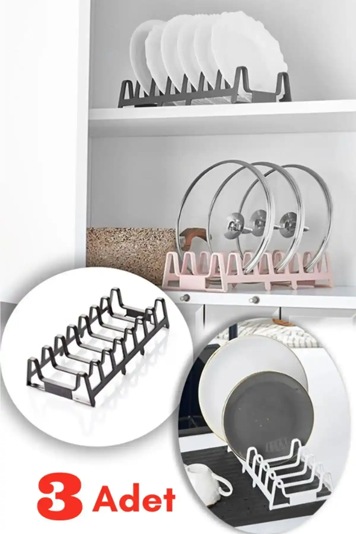 Mutfak Köşesi 3 Adet 7 Bölmeli Dolap İçi Tencere Kapak ve Tabak Düzenleyici