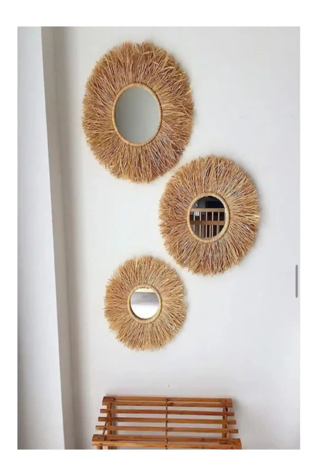 MY Golden Beauty Dekoratif Aynalı Rafya Duvar Süsü Bohem Stilinde Modern ve Dayanıklı Tasarım