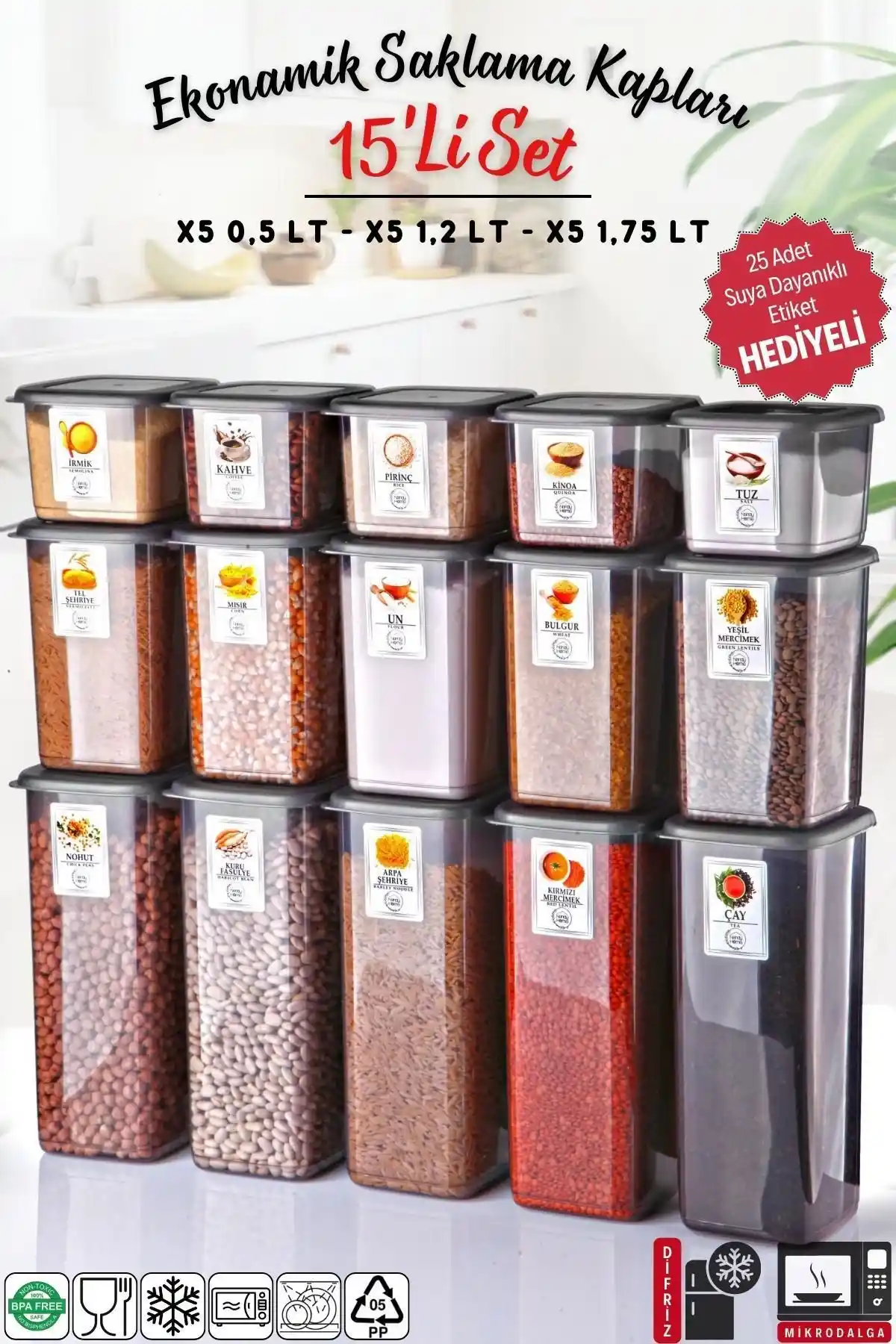 Nandy Home 15'li Antrasit Saklama Kabı Seti Mutfak Düzeni ve Sağlıklı Saklama İçin