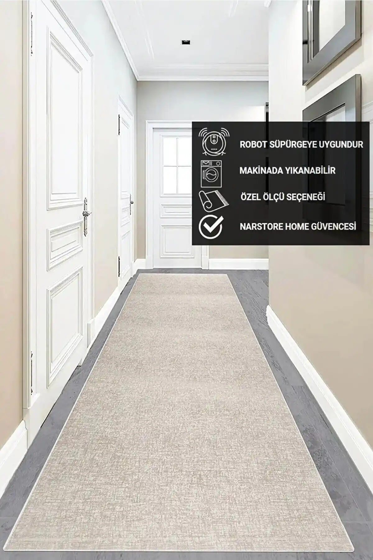 NarStore Home Düz Desen Bej Kaymaz Taban Kesme Yıkanabilir Halı Yolluk Özellikleri ve Kullanım Alanları