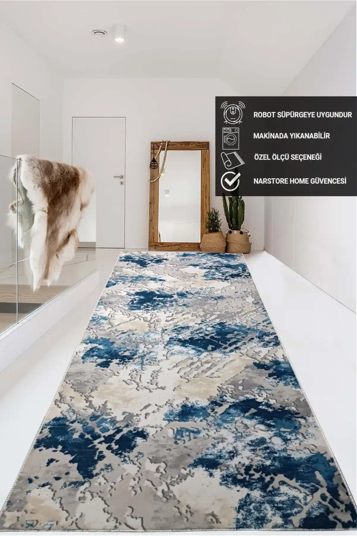 NarStore Home Mavi Gri Kahve Kaymaz Taban Yıkanabilir Kesme Yolluk Halı Ürün Özellikleri ve Kullanım İpuçları