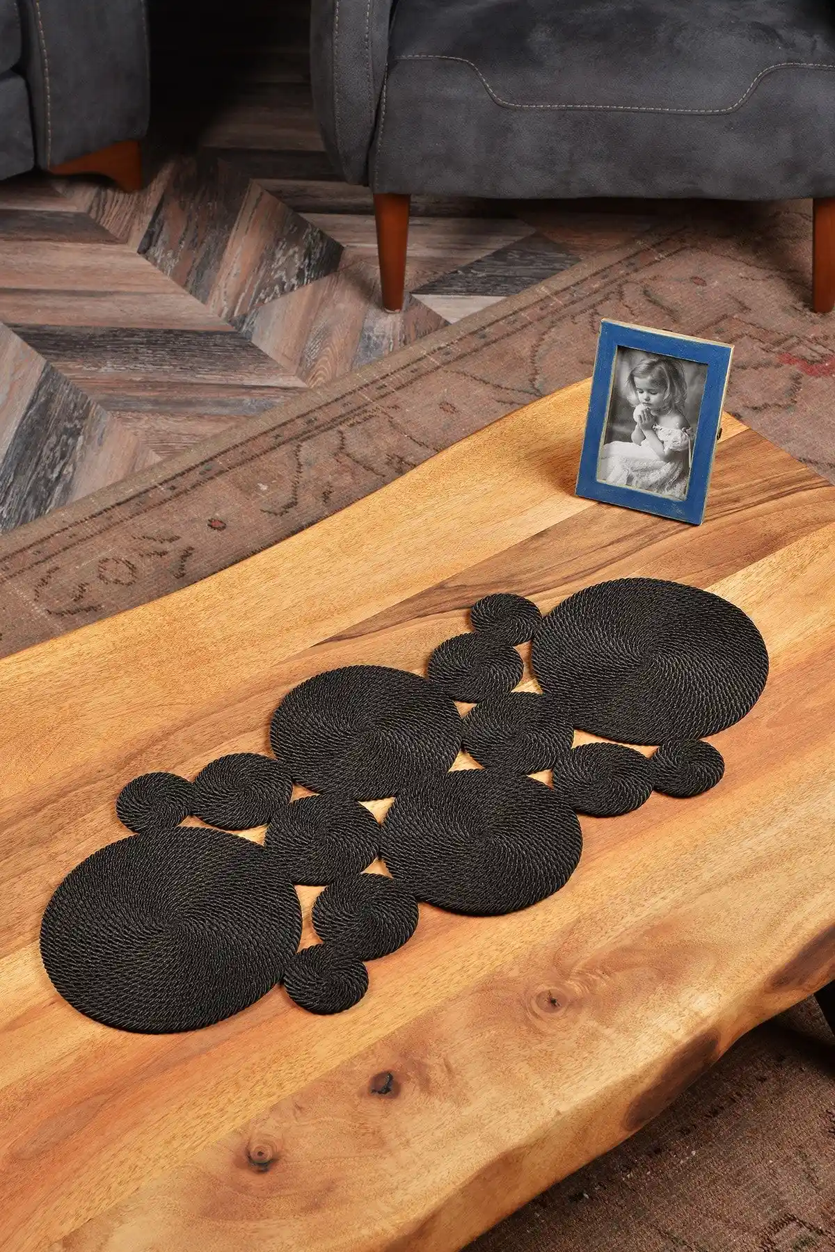 Natural Dowry Rustic Lite Siyah Yıkanabilir Polip Hasır Halat Masa Örtüsü