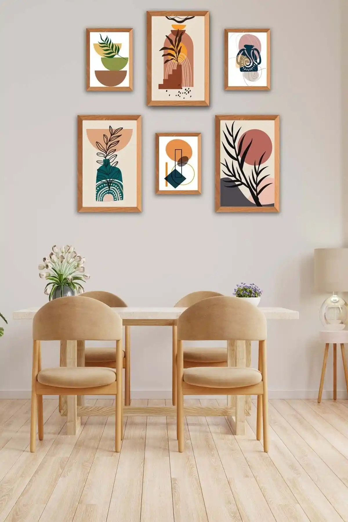 no77decor 6 Parça Ahşap Çerçeve Görünümlü Bohem Tablo Seti Modern ve Canlı Duvar Dekoru