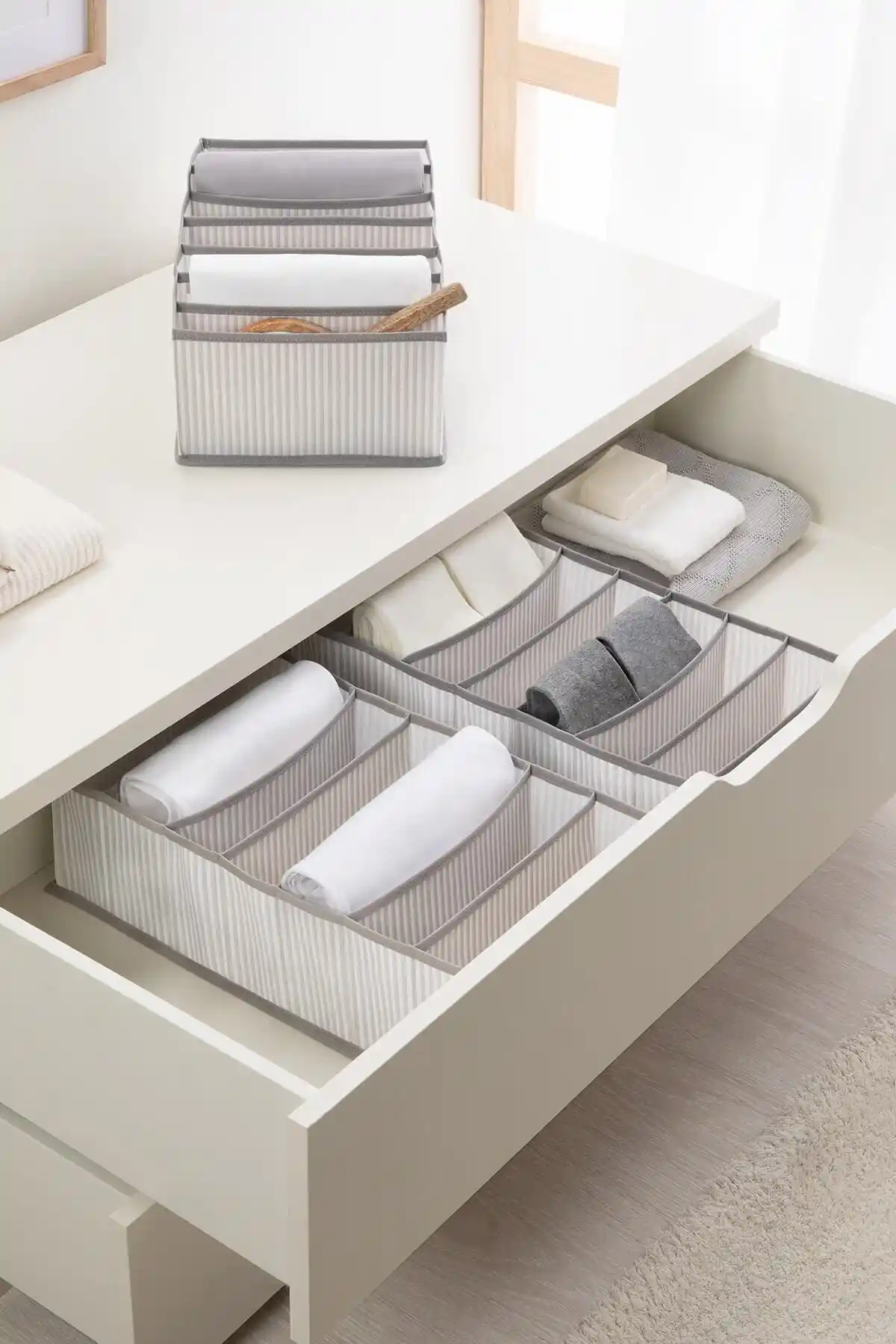 Ocean Home Textile 3 Adet 7 Bölmeli Gri Çizgili Dolap Çekmece Organizerleri