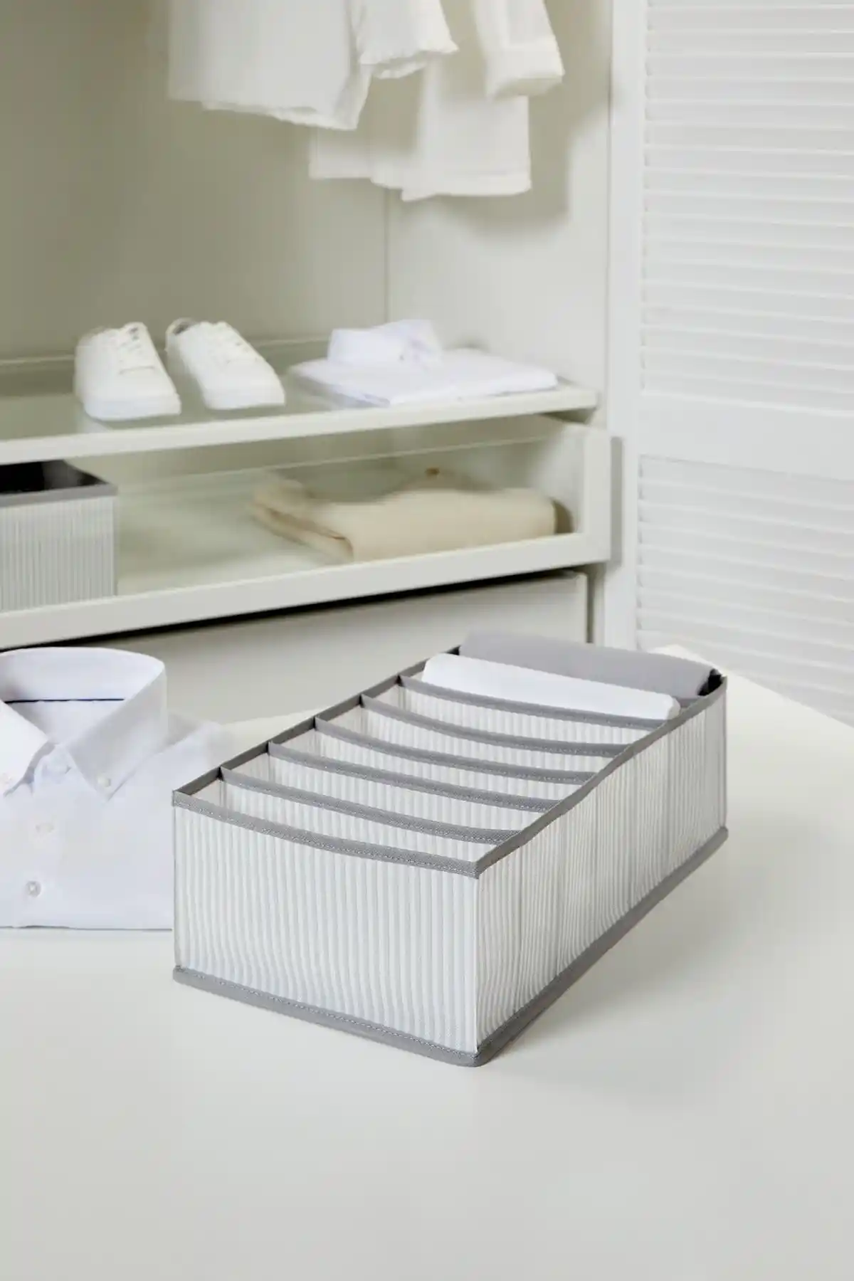 Ocean Home Textile 7 Bölmeli Gri Çizgili Dolap Çekmece Organizeri Şık ve Pratik Depolama Çözümü
