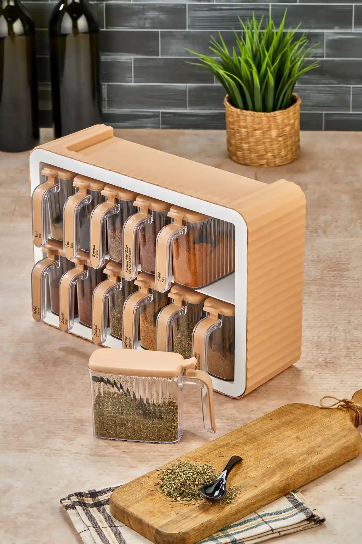 OES HOME 12'li Kendinden Yapışkanlı Kapaklı Kaşıklı Baharatlık Takımı ve Mutfak Şıklığı