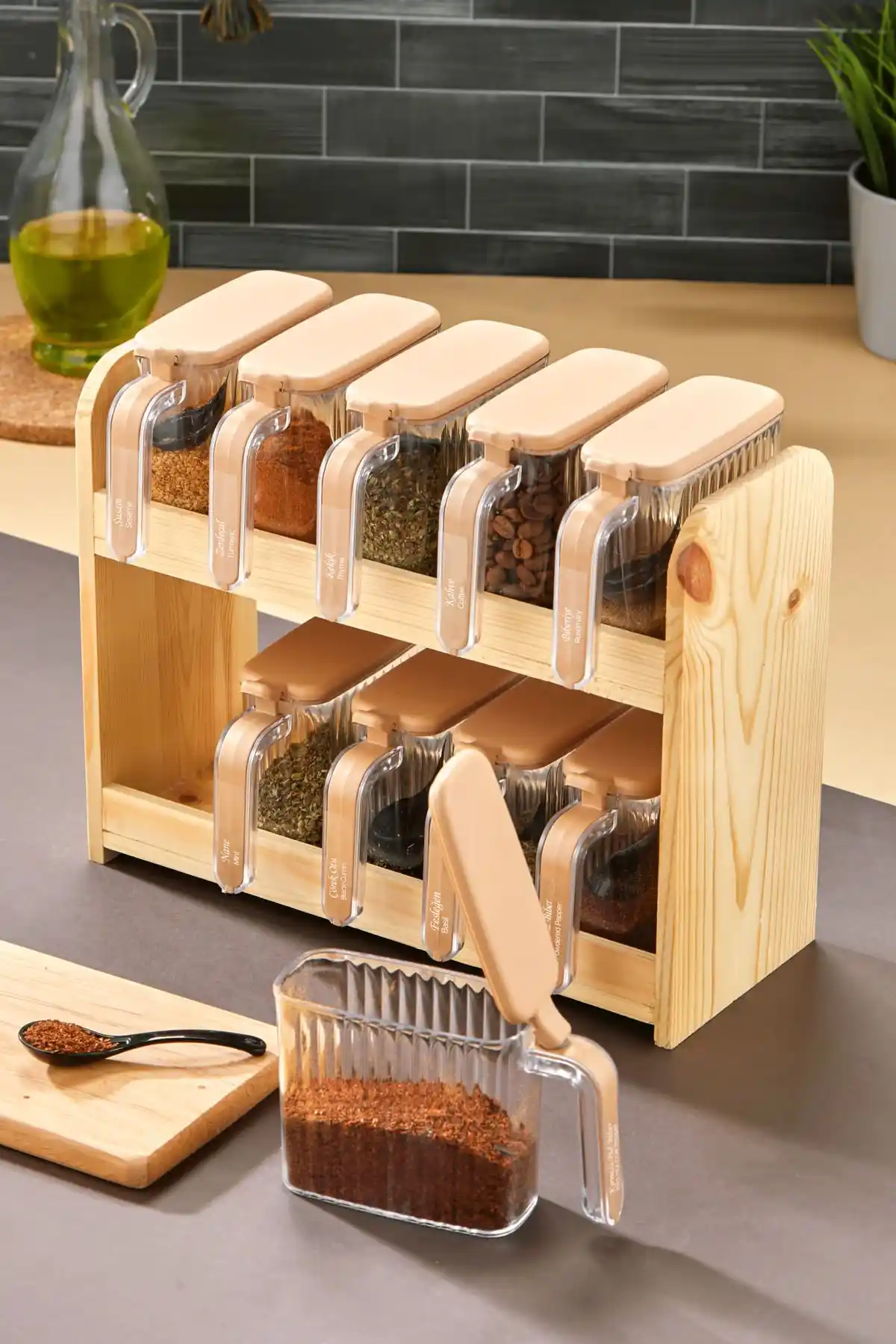OES HOME Ahşap Standlı 10'lu Kapaklı Baharatlık Takımı Kahverengi