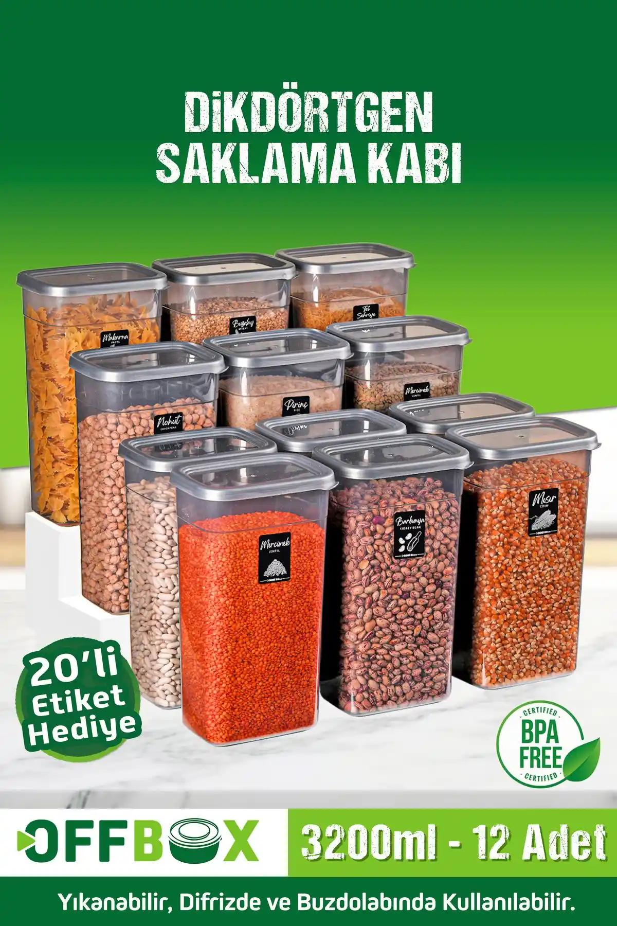 OFFBOX 12'li 24 Parça 3,2 Litre Dikdörtgen Gıda Saklama Kabı Seti