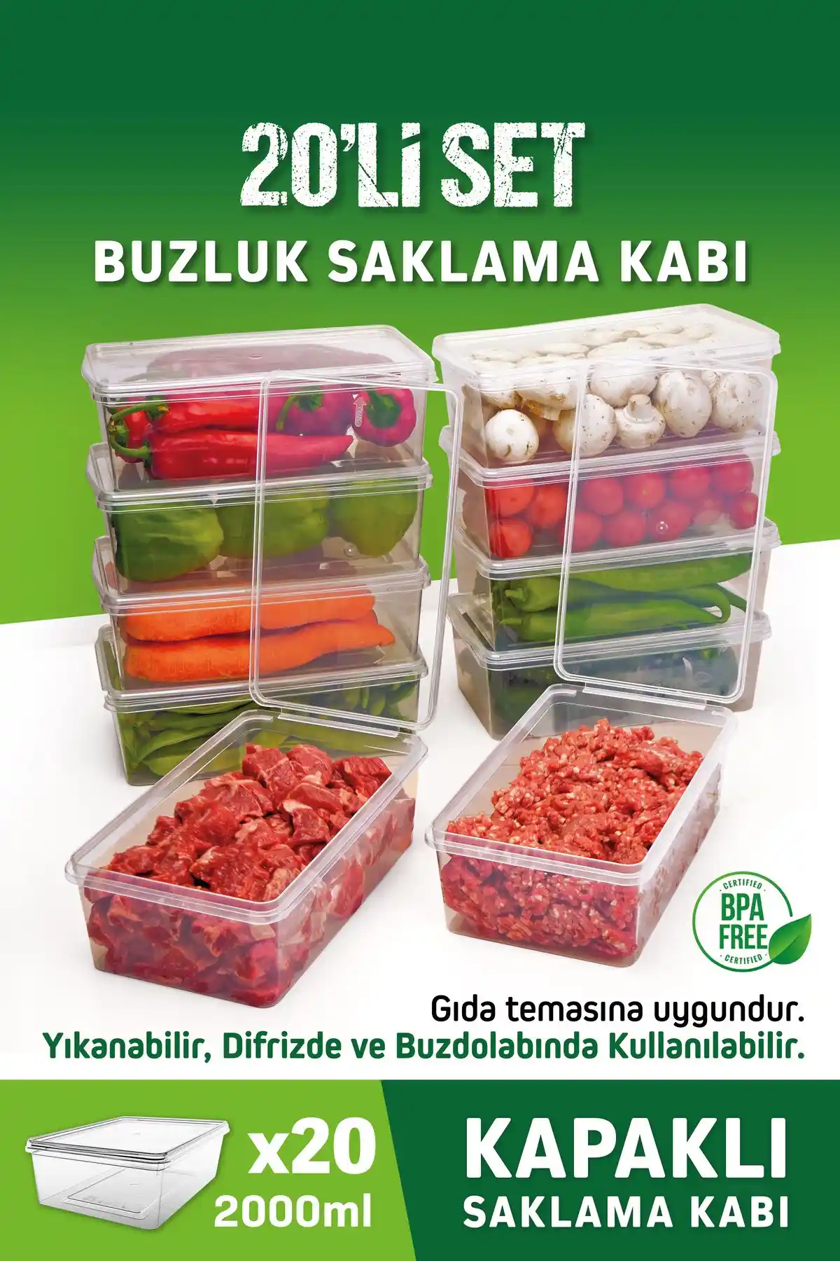 OFFBOX 20 Adet 2 Litre Kendinden Kapaklı Derin Dondurucu Saklama Kabı Seti