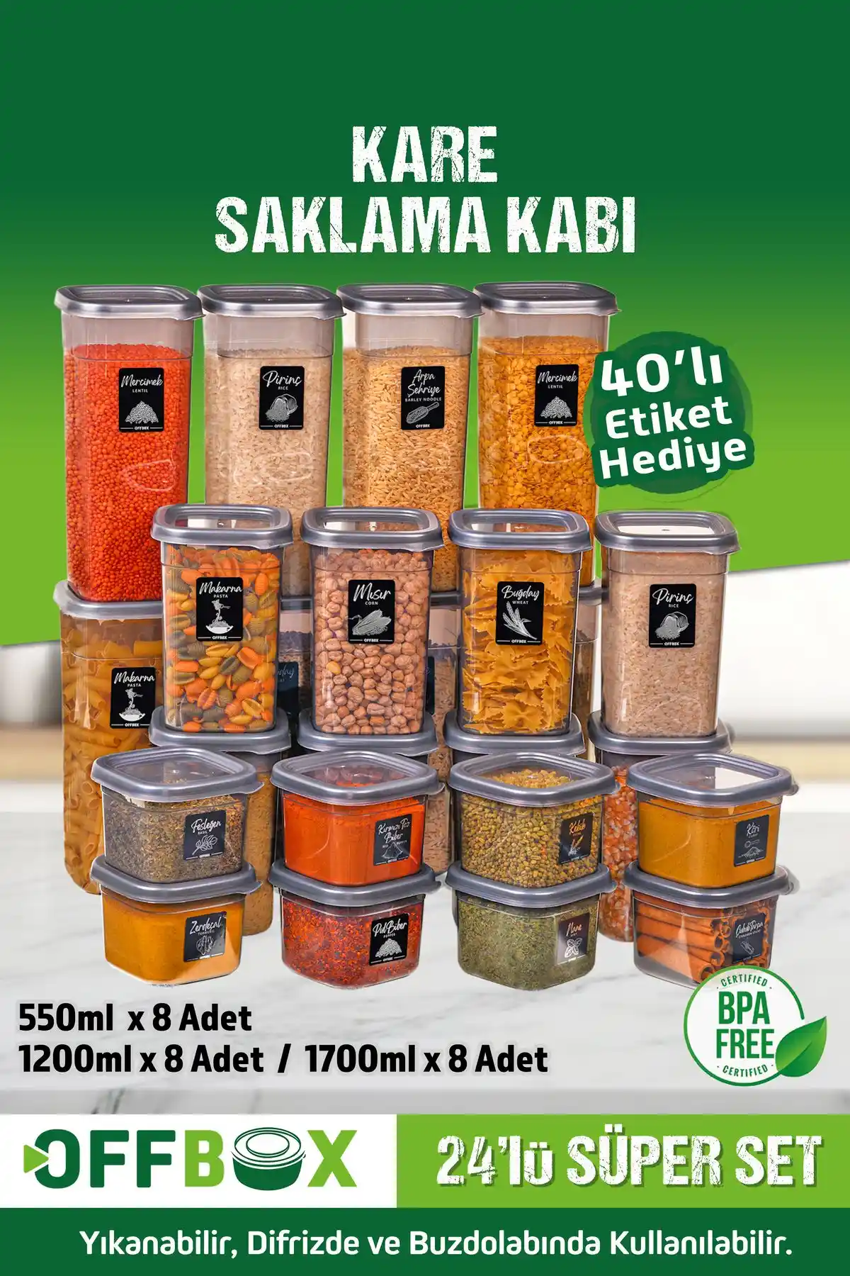 OFFBOX 24 Parça Kare Gıda Saklama Kabı Seti ile Mutfak Düzeninizi Sağlamlaştırın