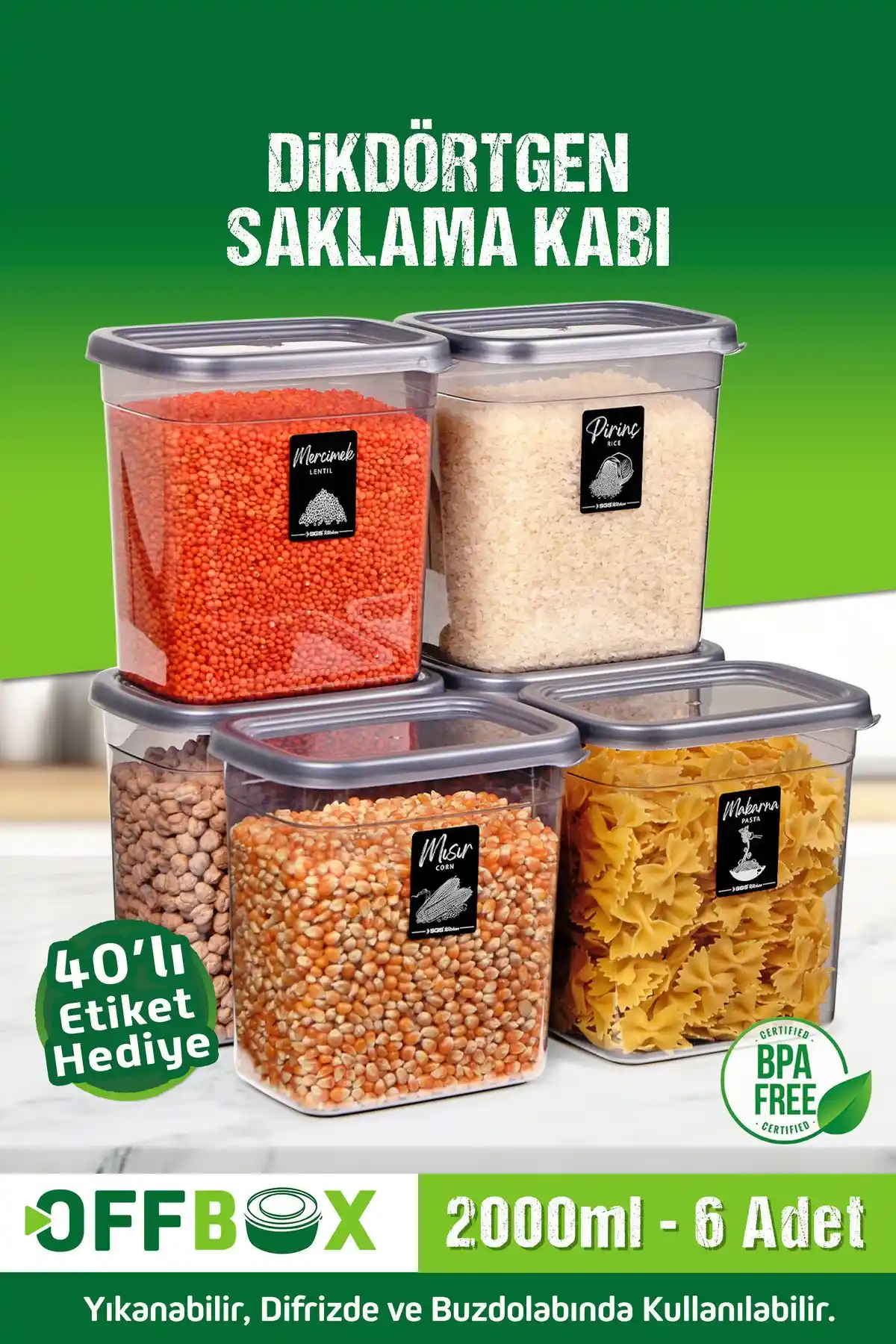 OFFBOX 6'lı 12 Parça 2 Litre Dikdörtgen Saklama Kabı Seti ile Mutfak Düzeninizi Sağlayın