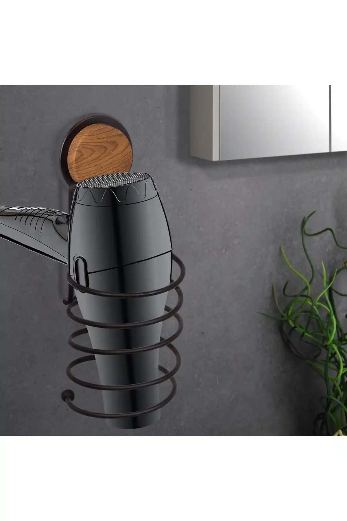Okyanus Home Ahşap Desenli Magic Fix Siyah Saç Kurutma Makinesi Askısı