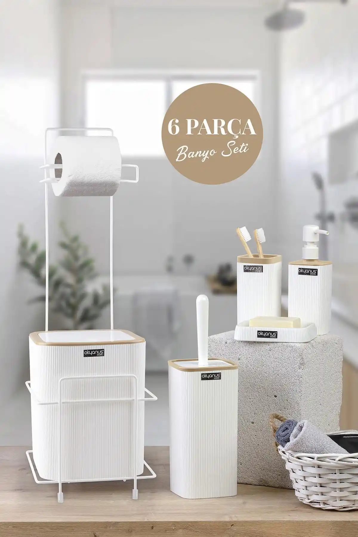 Okyanus Home Beyaz Kare Mina Due Standlı 6 Parça Banyo Seti ve Aksesuarları