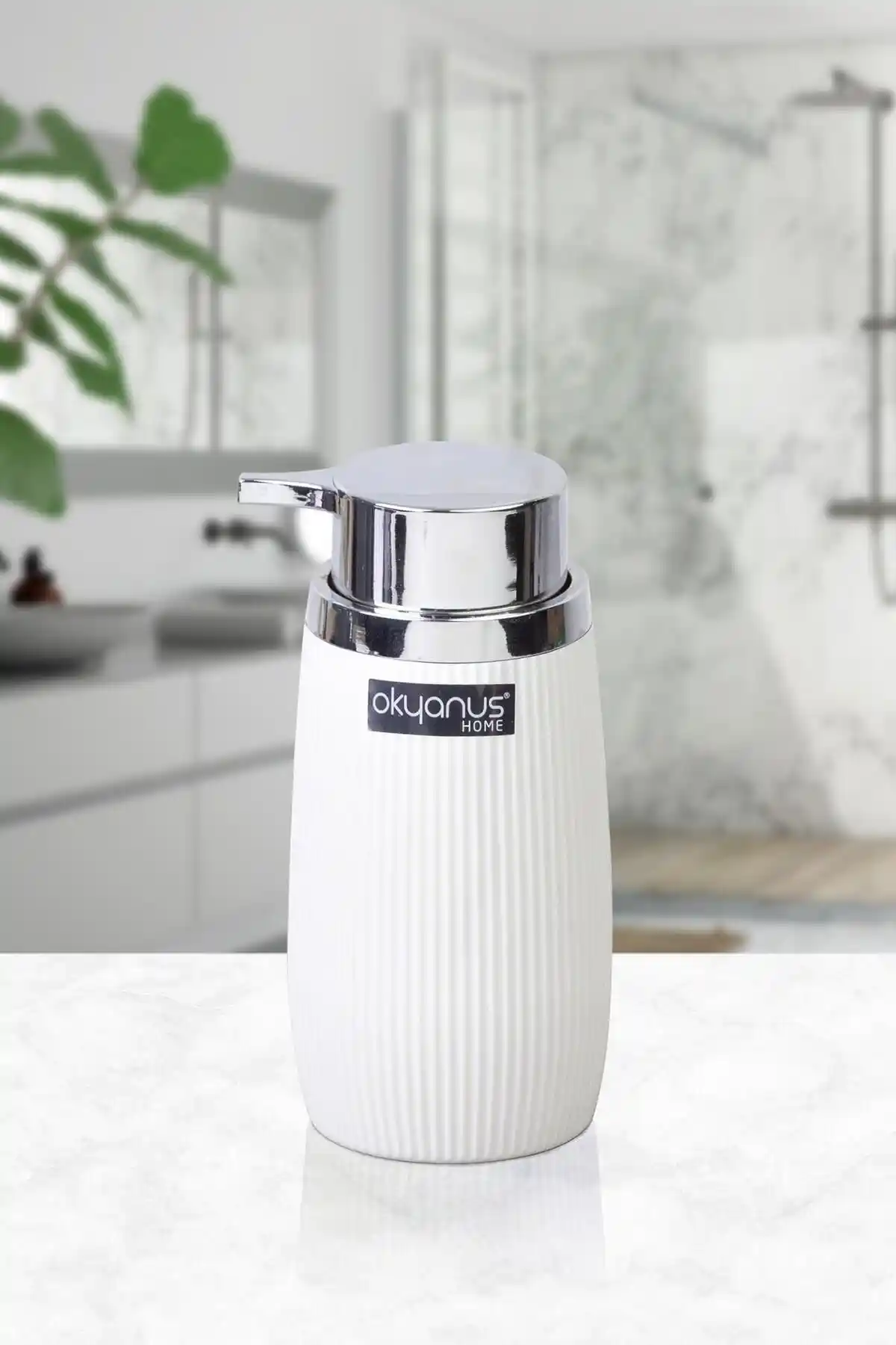 Okyanus Home Beyaz Kromlu Çizgili Sıvı Sabunluk Modern Mutfak ve Banyo Dekorasyonu İçin