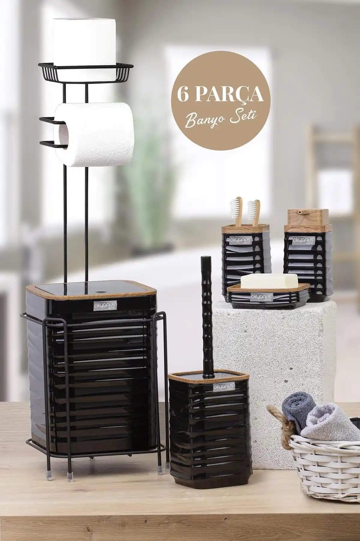 Okyanus Home Siyah Ahşap Desenli Luna ve Siyah Mina Banyo Setleri Karşılaştırması