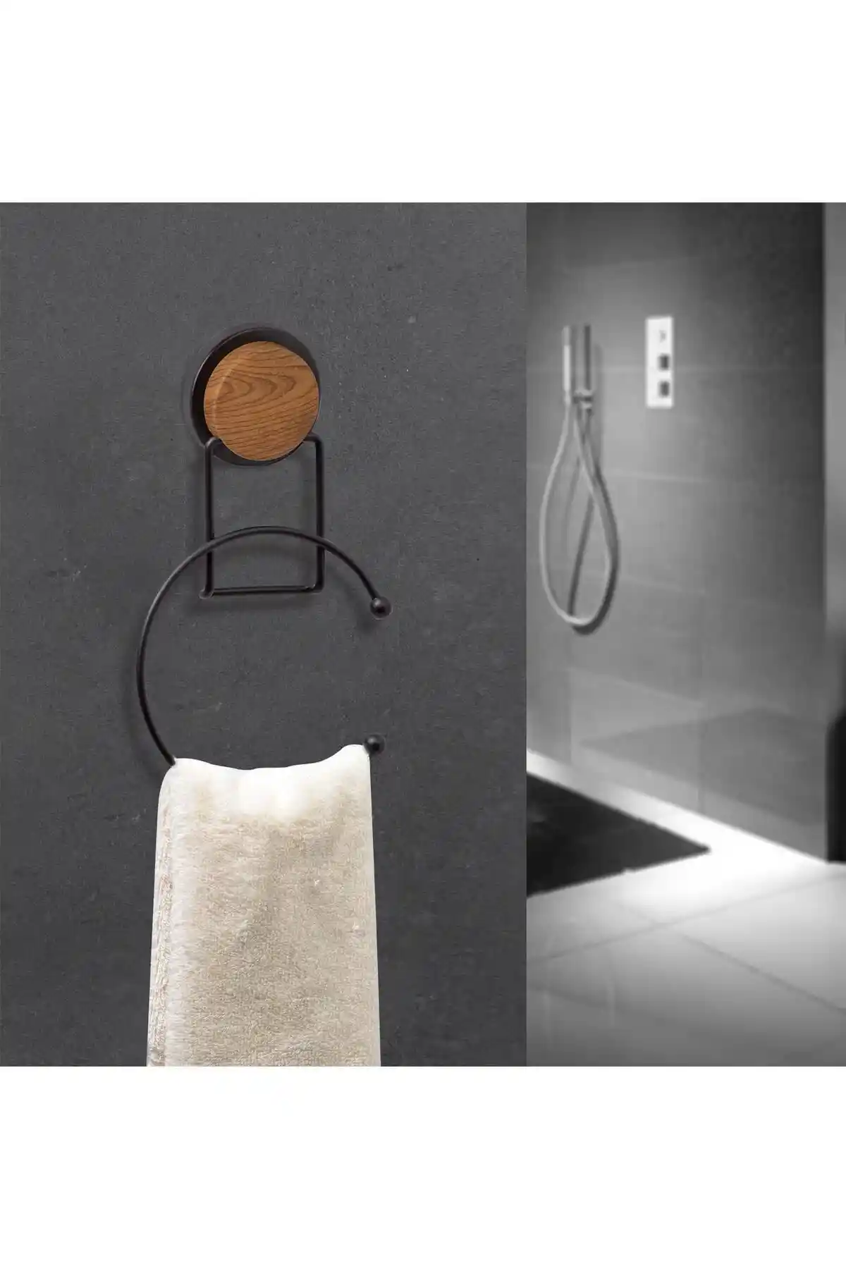 Okyanus Home Siyah Ahşap Desenli Magic Fix Yuvarlak Havluluk Modern Banyo Dekorasyonu İçin