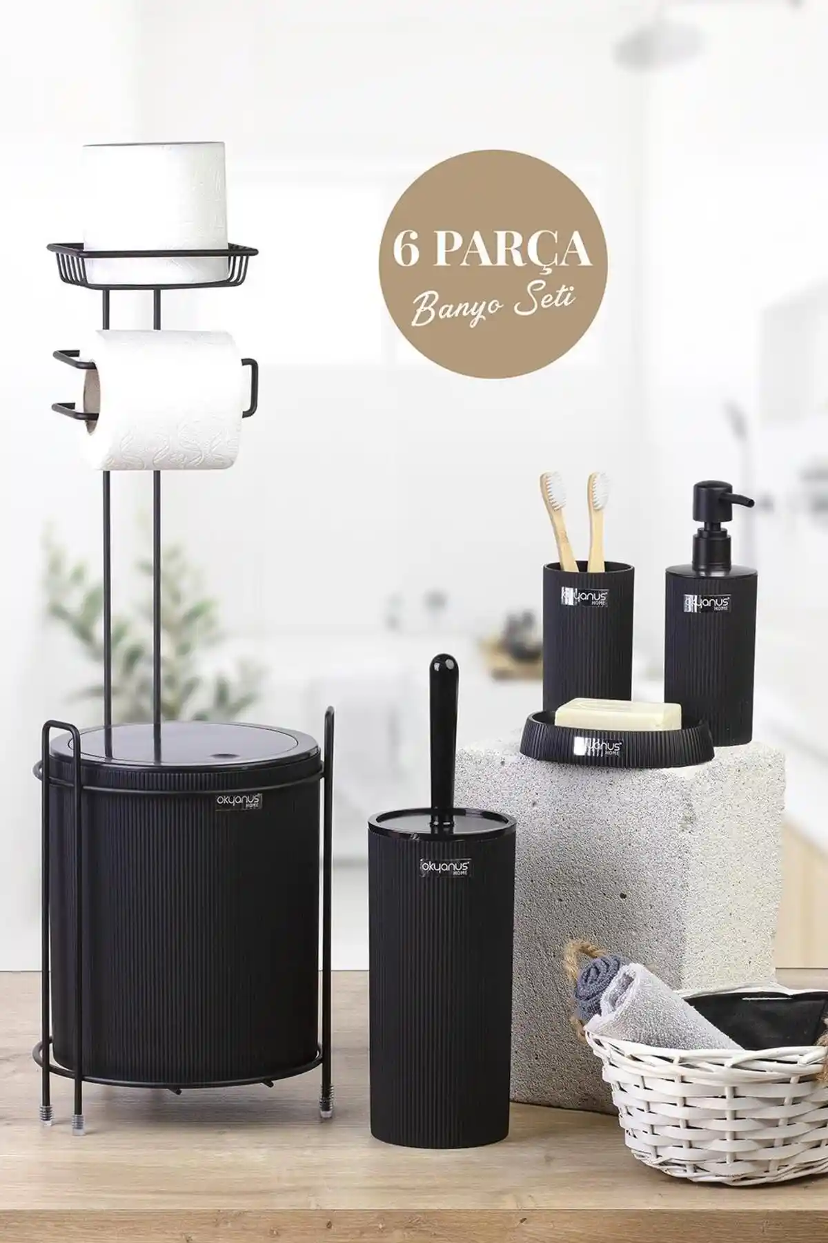 Okyanus Home Siyah Mina Yedekli WC Kağıtlık ve 6 Parça Modern Banyo Seti