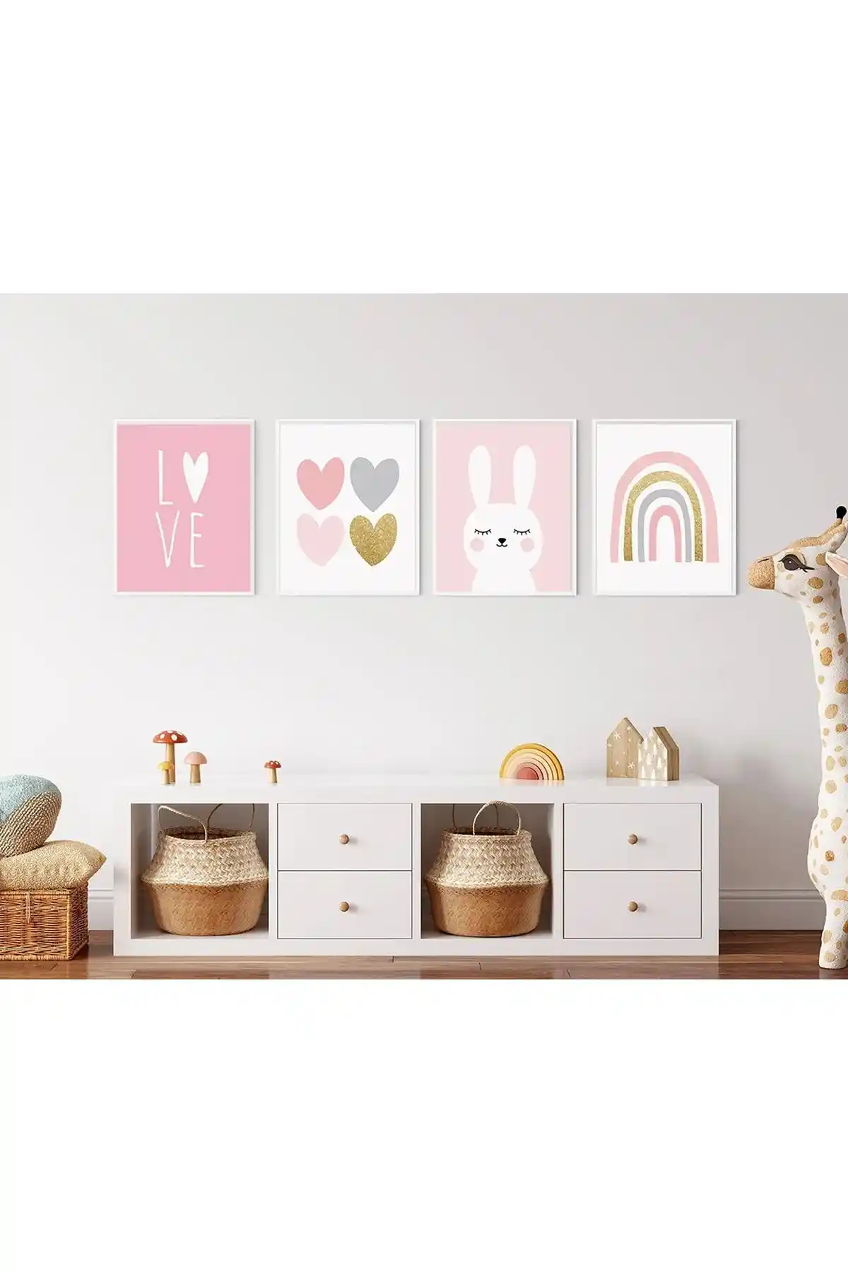 Olamia Pembe Tavşan Kalp Gökkuşağı MDF Duvar Tablo Seti Çocuk Odası Dekorasyonu