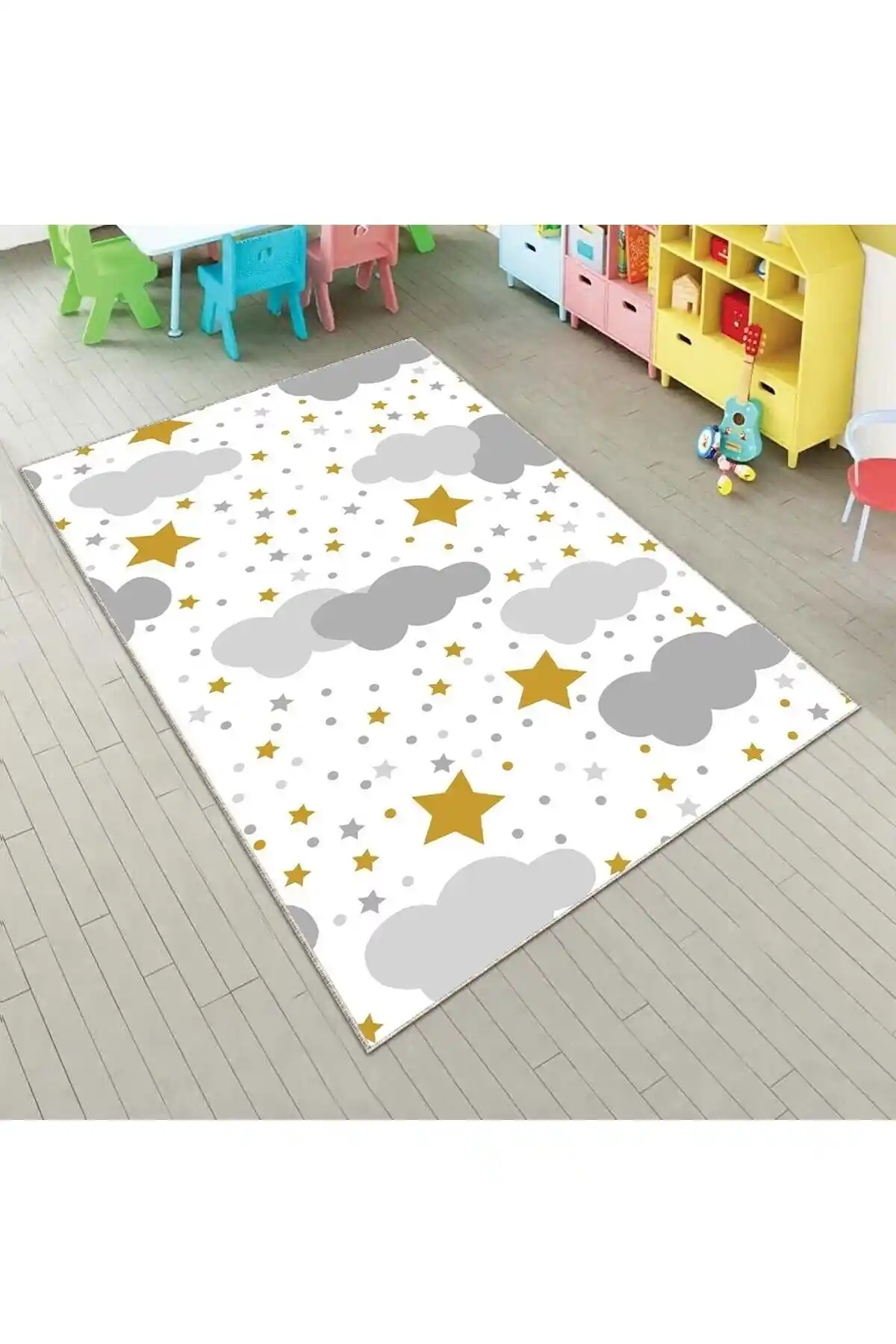 On The Clouds Beyaz Bulut Yıkanabilir Halı Çocuk ve Bebek Odaları İçin Güvenli Dekoratif Seçenek