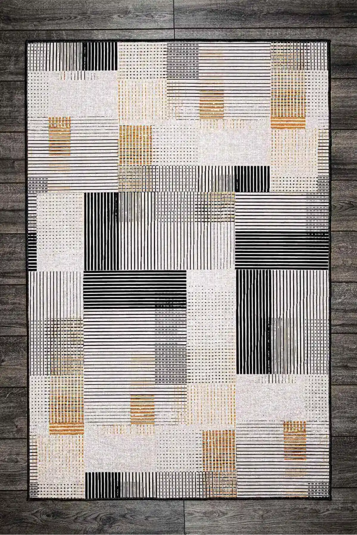 Oriente Home Çizgisel Desenli Siyah Beyaz Sarı Yıkanabilir Kaymaz Kadife Halı