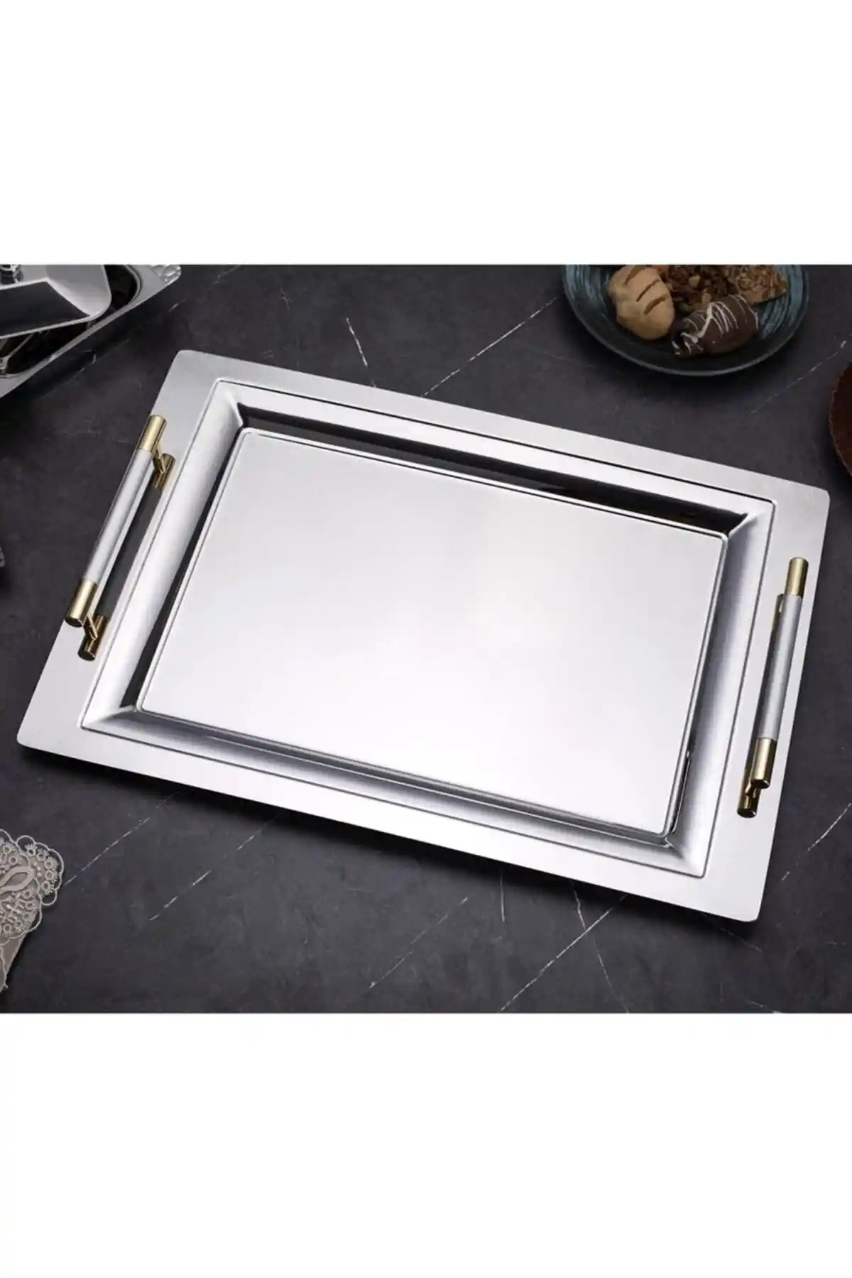 ÖZBURAK Mercan Silver Serisi Paslanmaz Çelik İkramlık Sunum ve Çay Tepsisi 27x39 cm