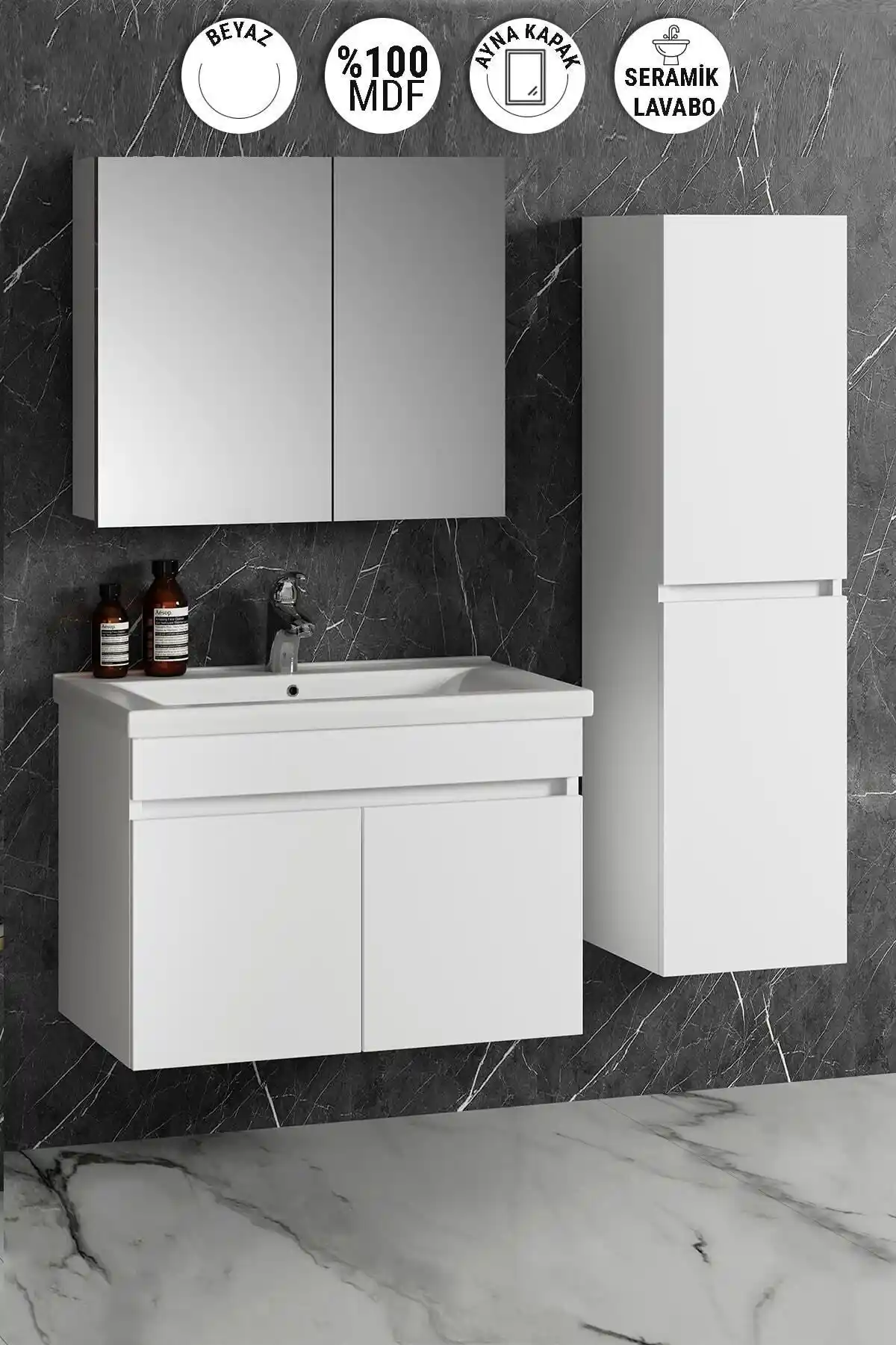 ÖZCEDEN Çiğdem 80+35 cm Beyaz MDF Seramik Lavabolu Asma Banyo Dolabı Takımı