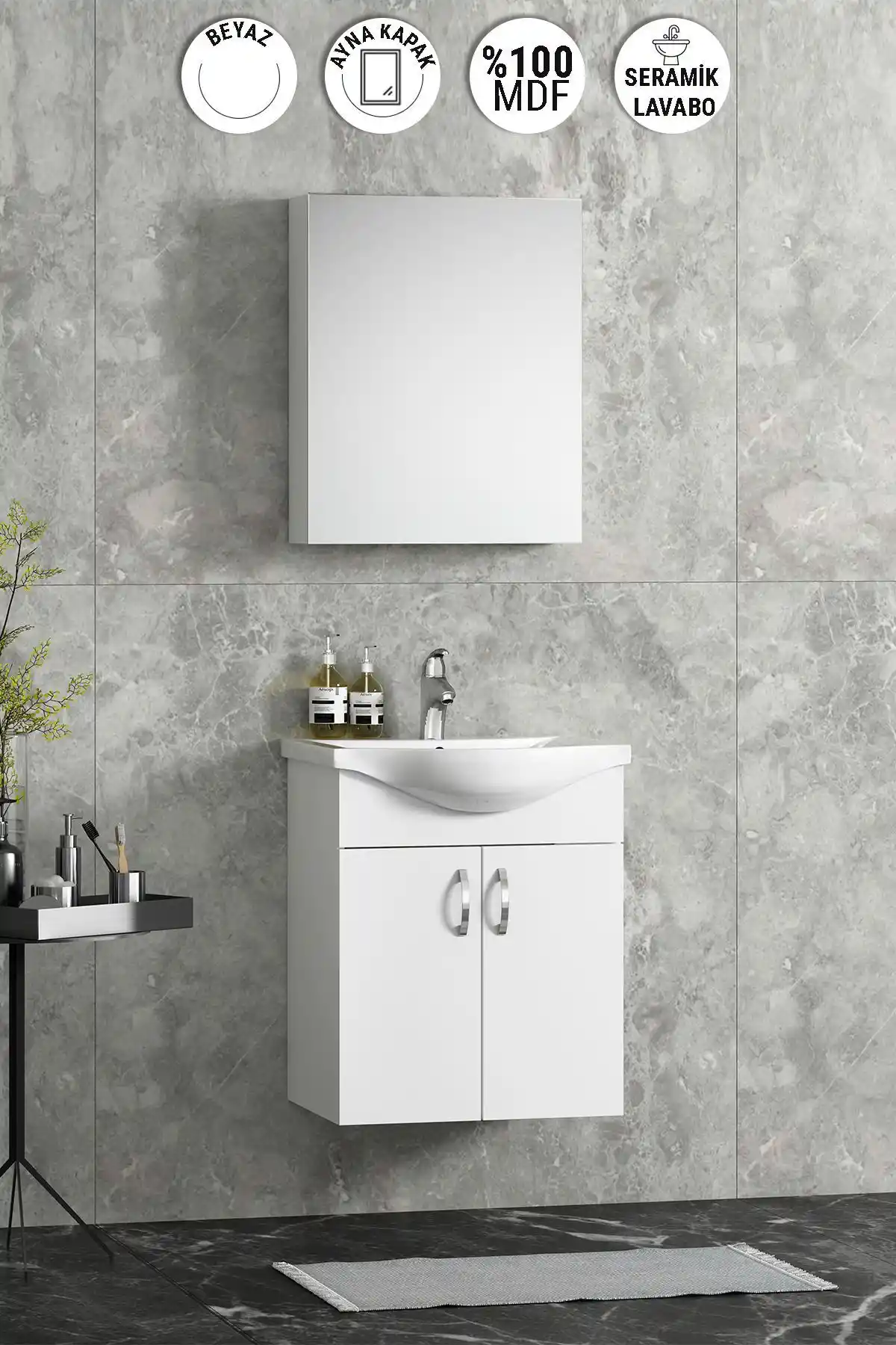 Özceden Yılz 50 cm Beyaz MDF Seramik Lavabolu Asma Banyo Dolabı Takımı